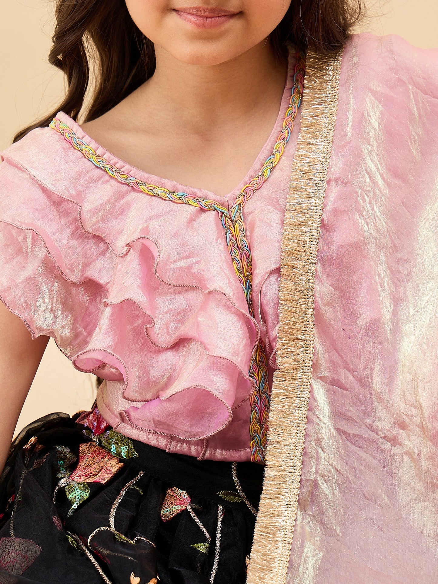Girls Waist Length Embroidery Lehenga Choli - Pink