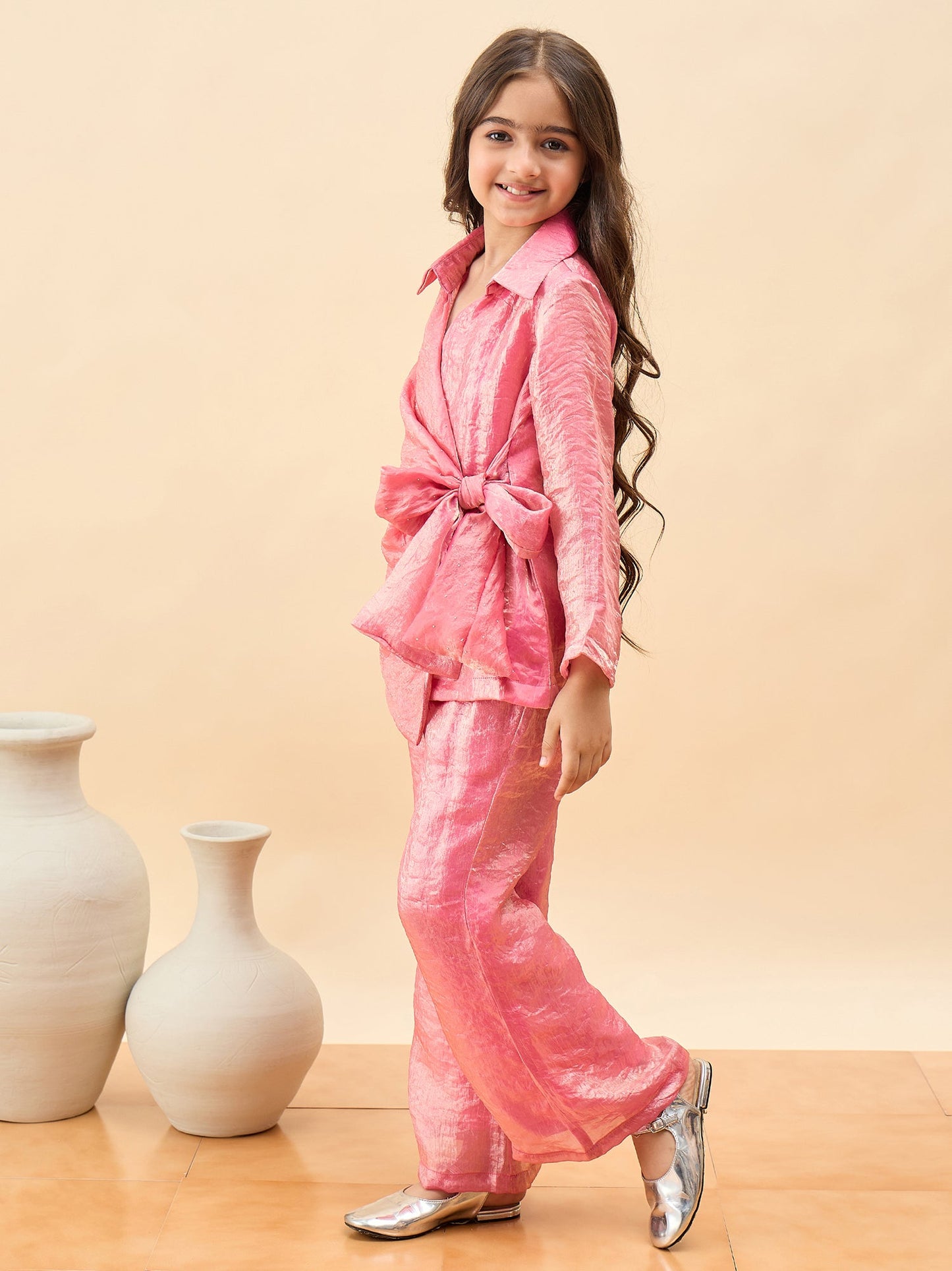 Girls Hip Length Solid Top With Pants - Pink
