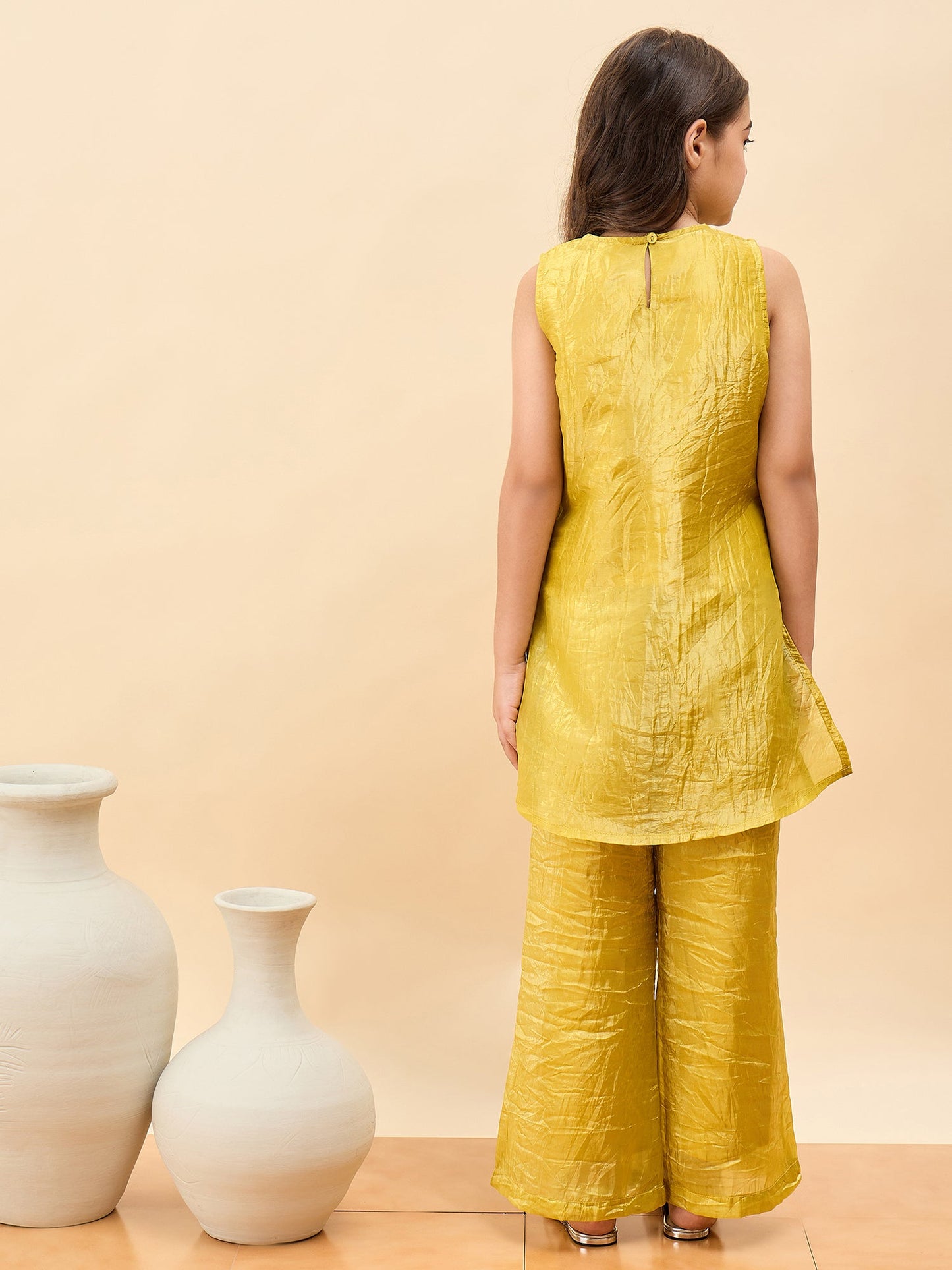 Girls Above Knee Embroidery Kurti Set - Yellow