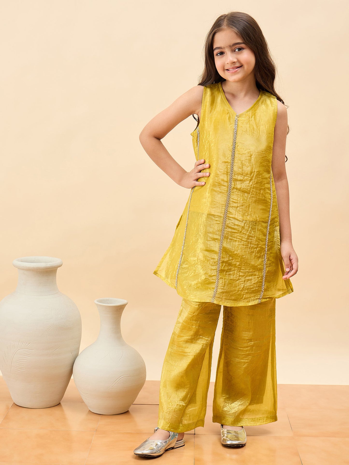 Girls Above Knee Embroidery Kurti Set - Yellow