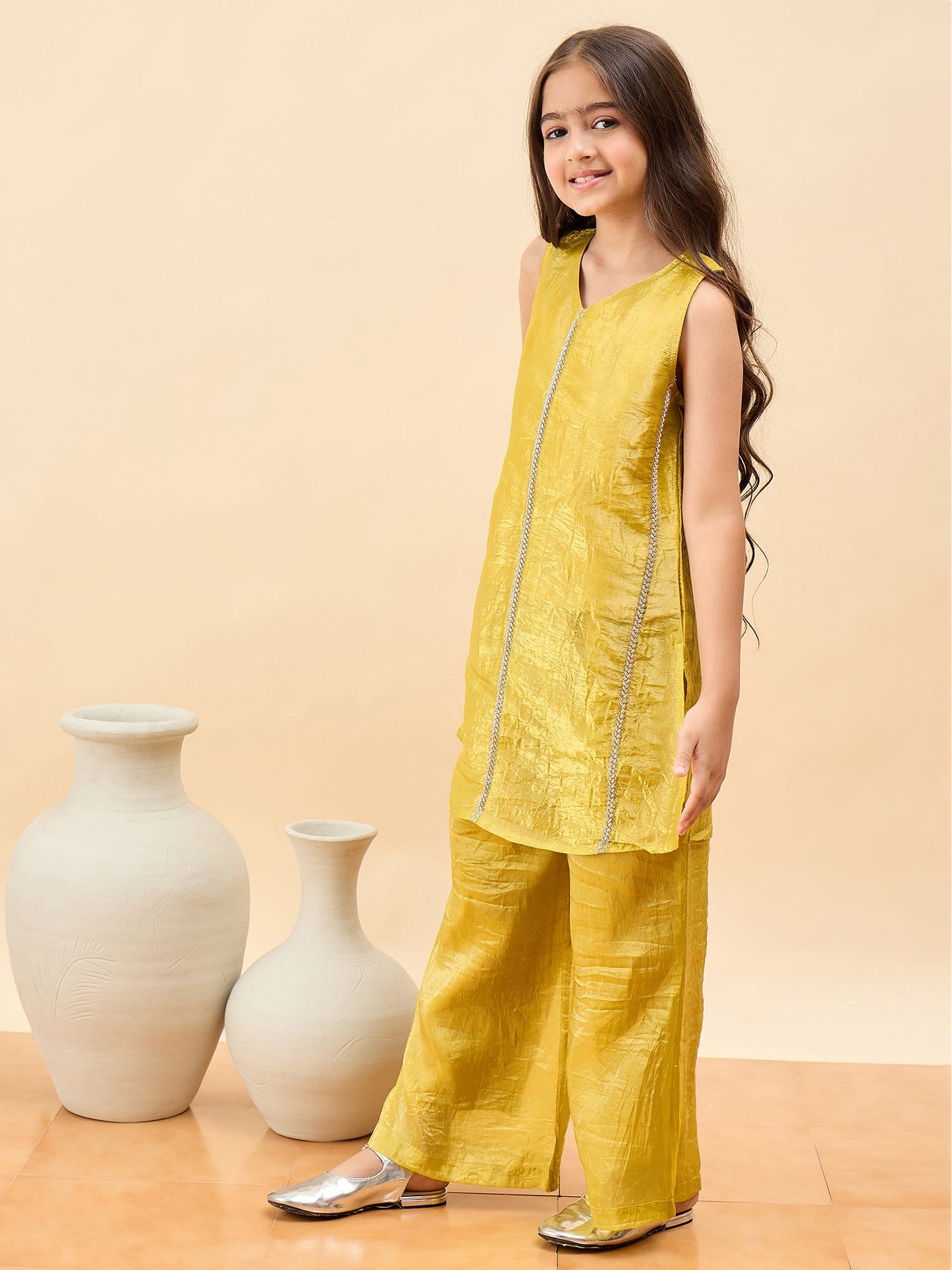 Girls Above Knee Embroidery Kurti Set - Yellow