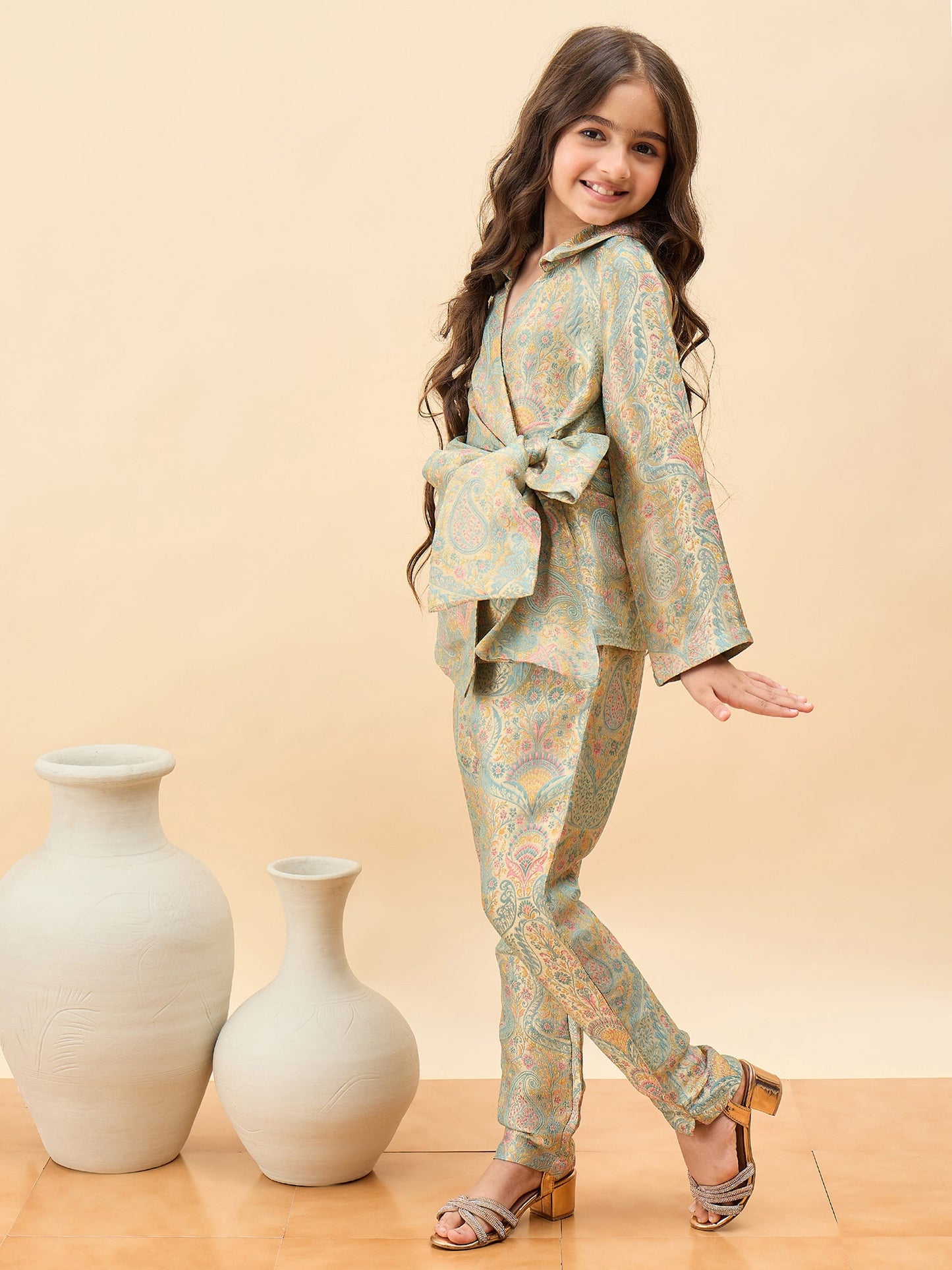 Girls Hip Length Embroidery Top With Pants - Green