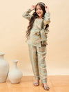 Girls Hip Length Embroidery Top With Pants - Green