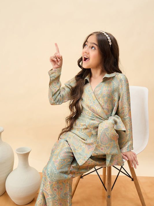 Girls Hip Length Embroidery Top With Pants - Green