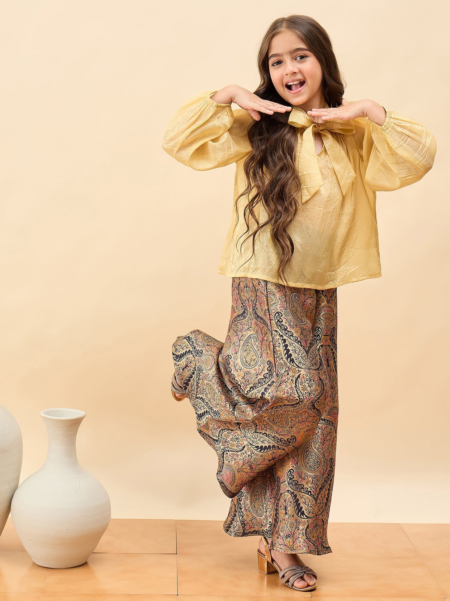 Girls Hip Length Embroidery Top With Pants - Gold