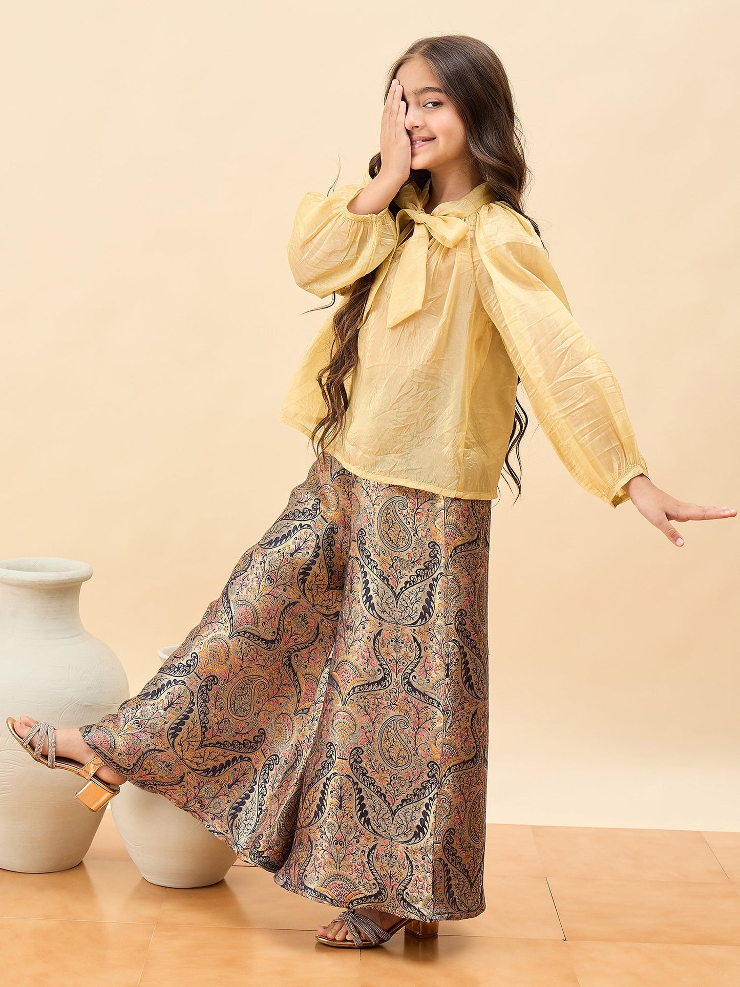 Girls Hip Length Embroidery Top With Pants - Gold
