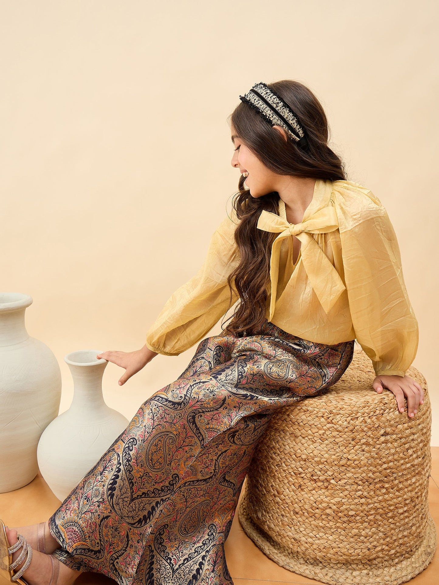 Girls Hip Length Embroidery Top With Pants - Gold