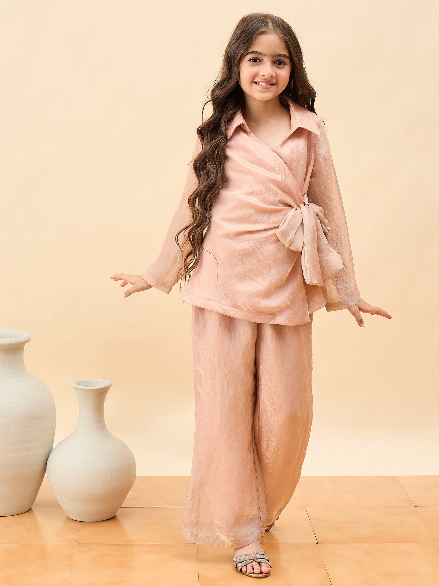 Girls Hip Length Solid Top With Pants - Gold