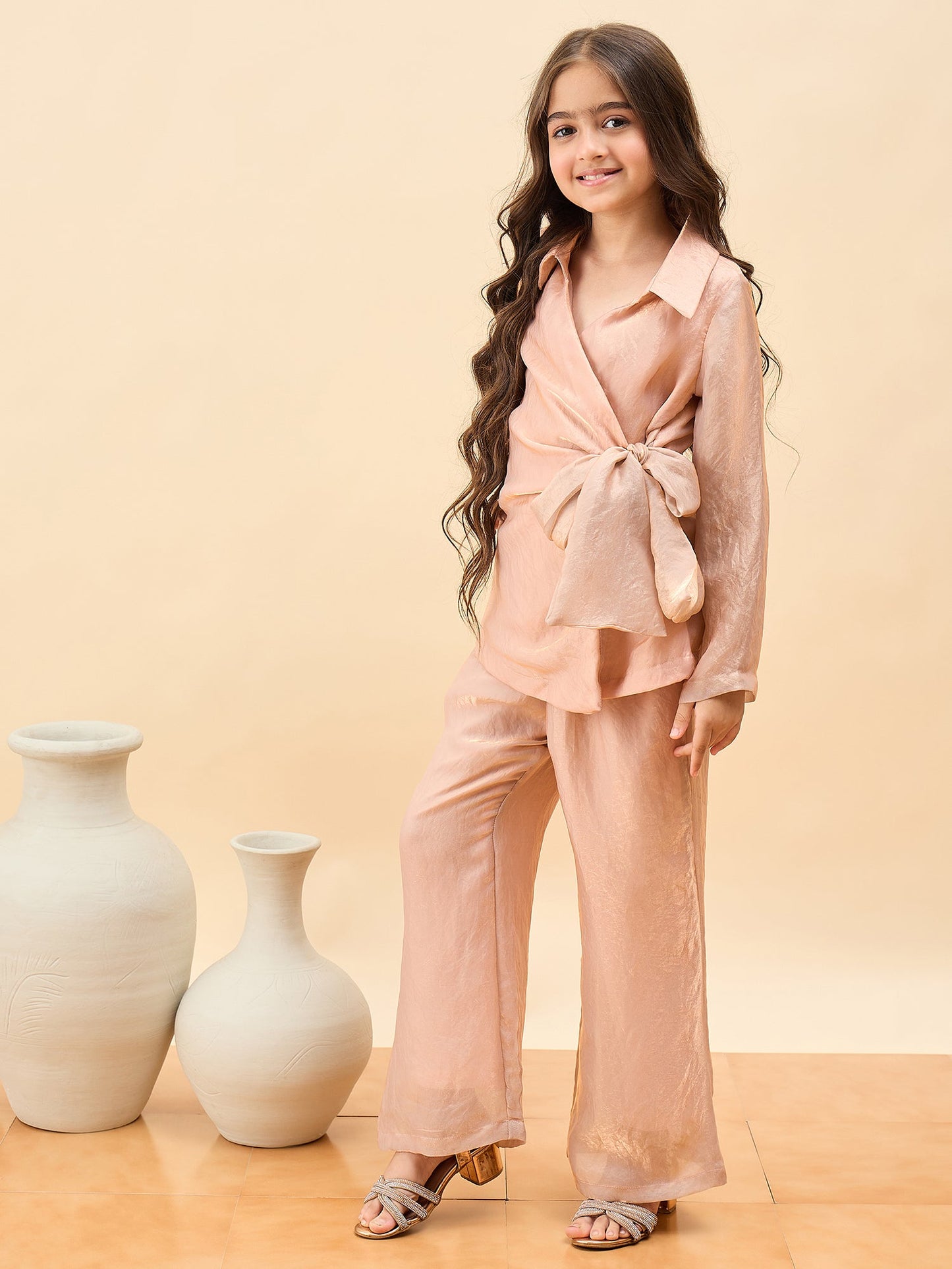Girls Hip Length Solid Top With Pants - Gold