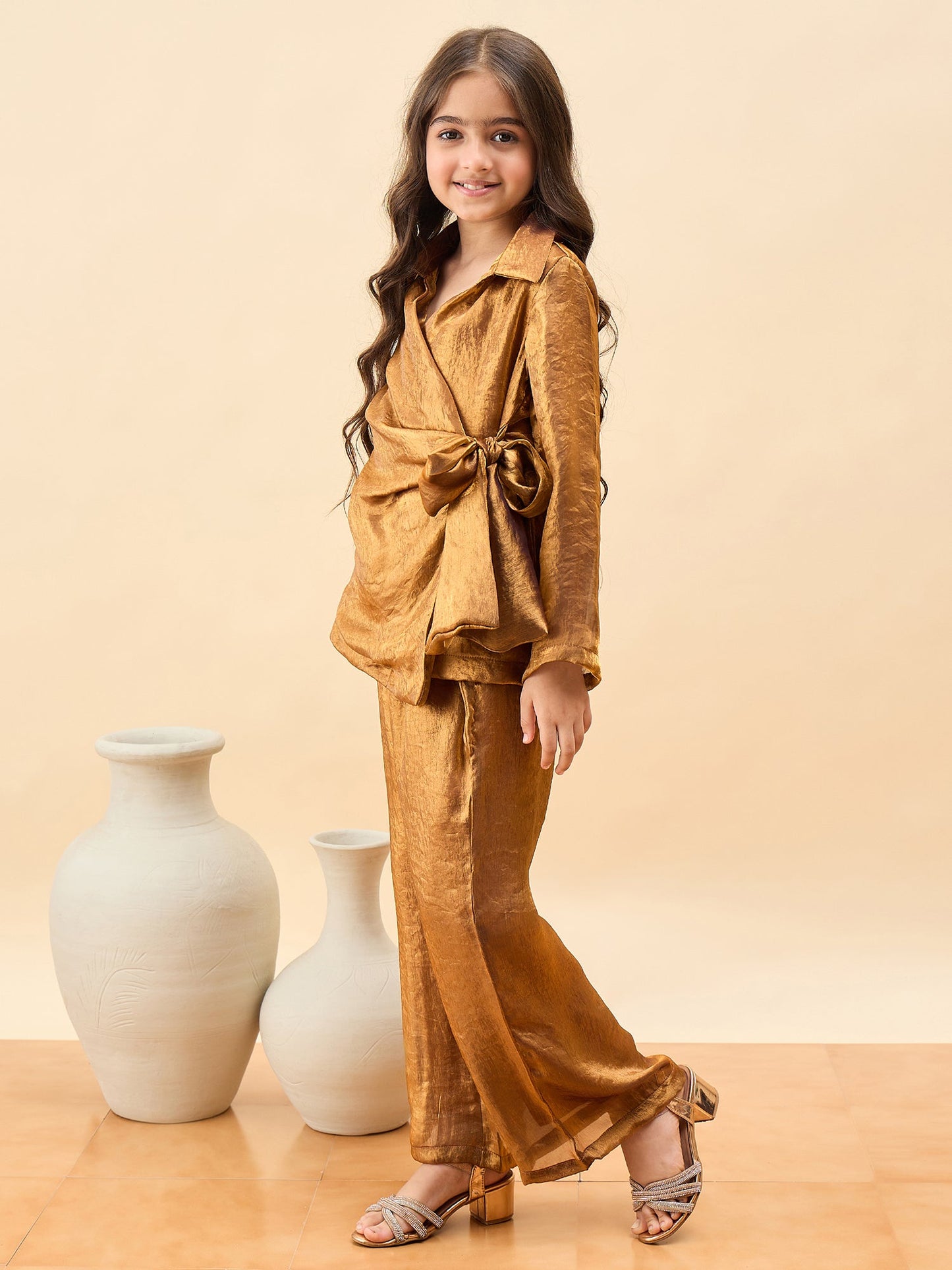 Girls Hip Length Solid Top With Pants - Brown