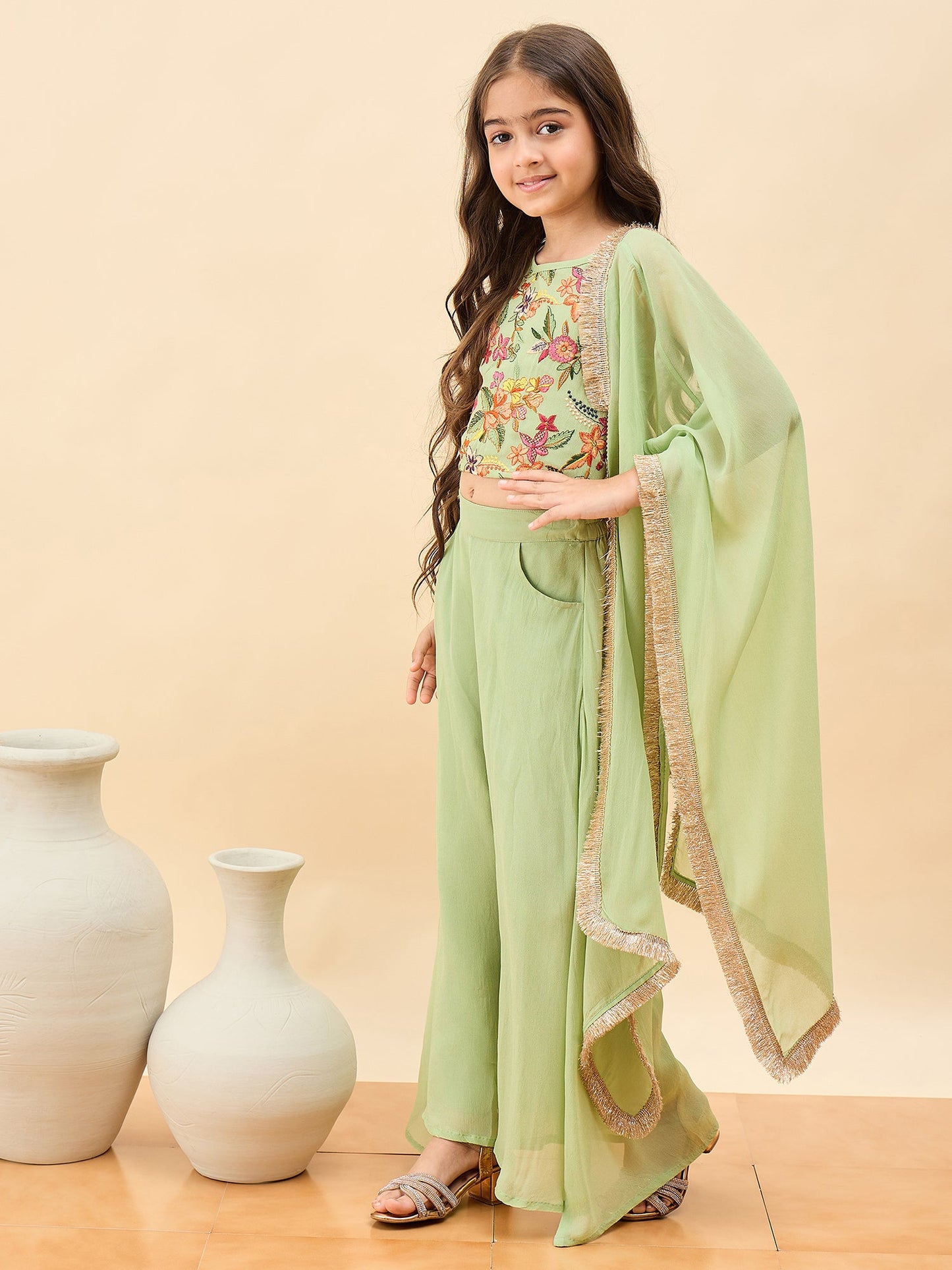 Girls Waist Length Embroidery Top With Pants - Green