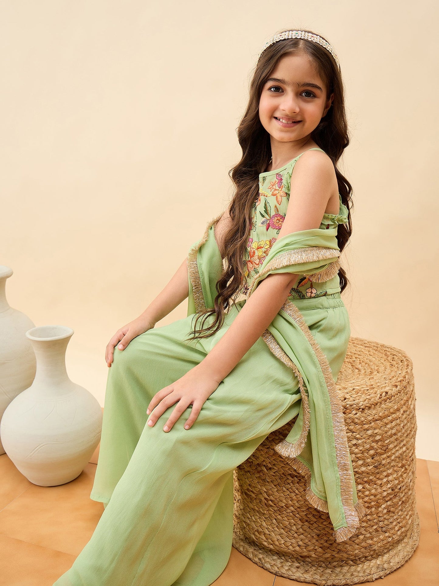 Girls Waist Length Embroidery Top With Pants - Green
