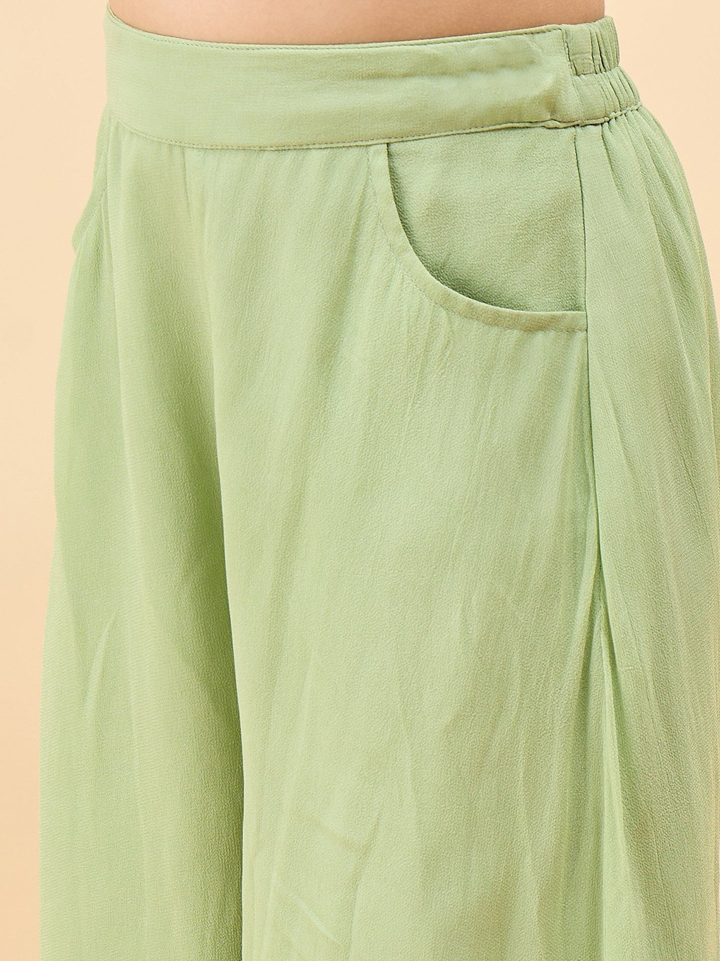 Girls Waist Length Embroidery Top With Pants - Green