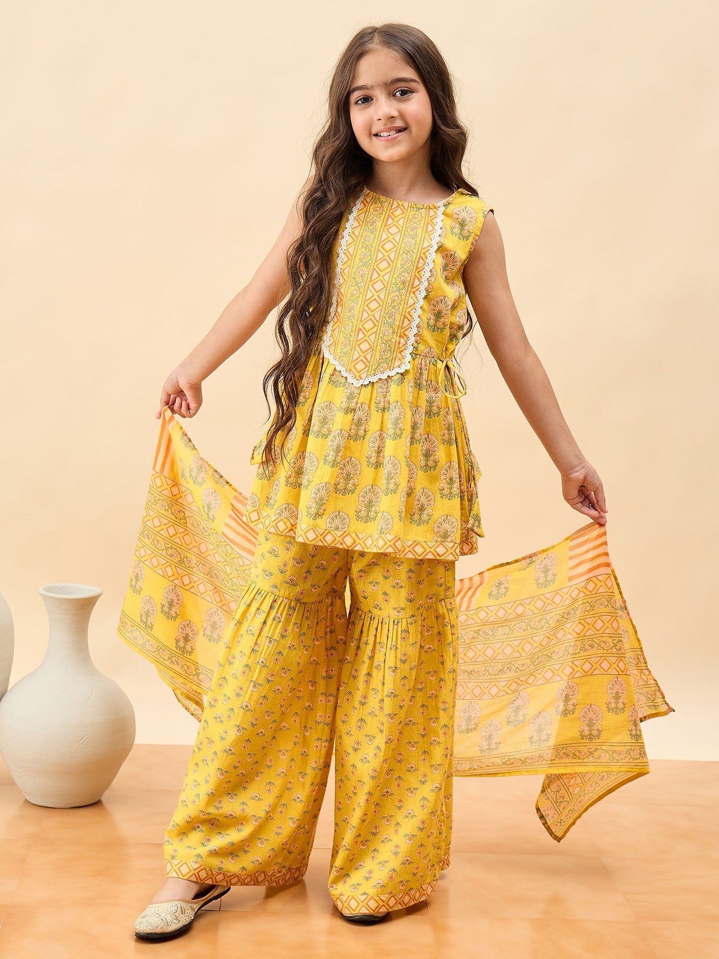 Girls Above Knee All over Print Kurti Set - Yellow