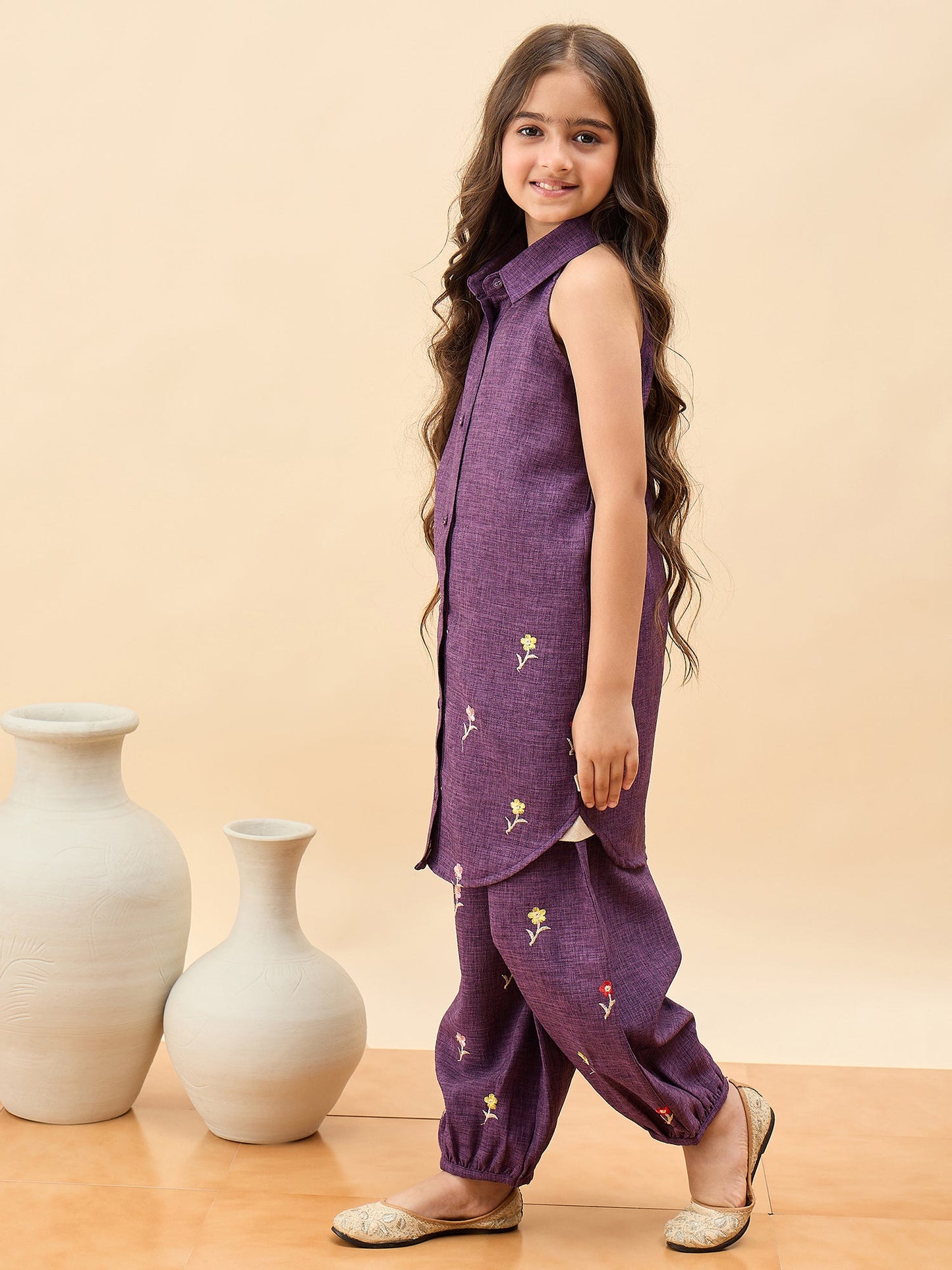 Girls Above Knee Embroidery Kurti Set - Purple