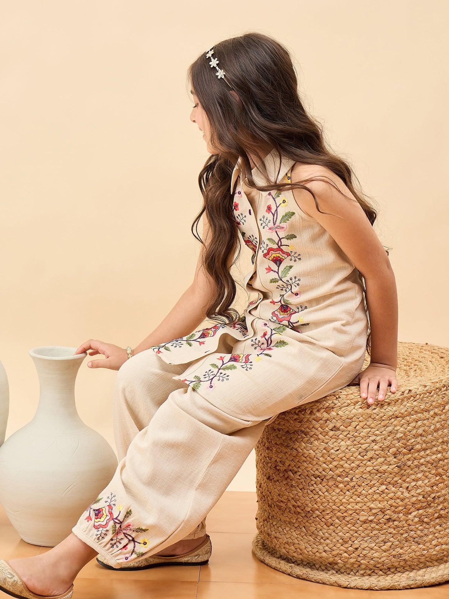 Girls Above Knee Embroidery Kurti Set - Off-White