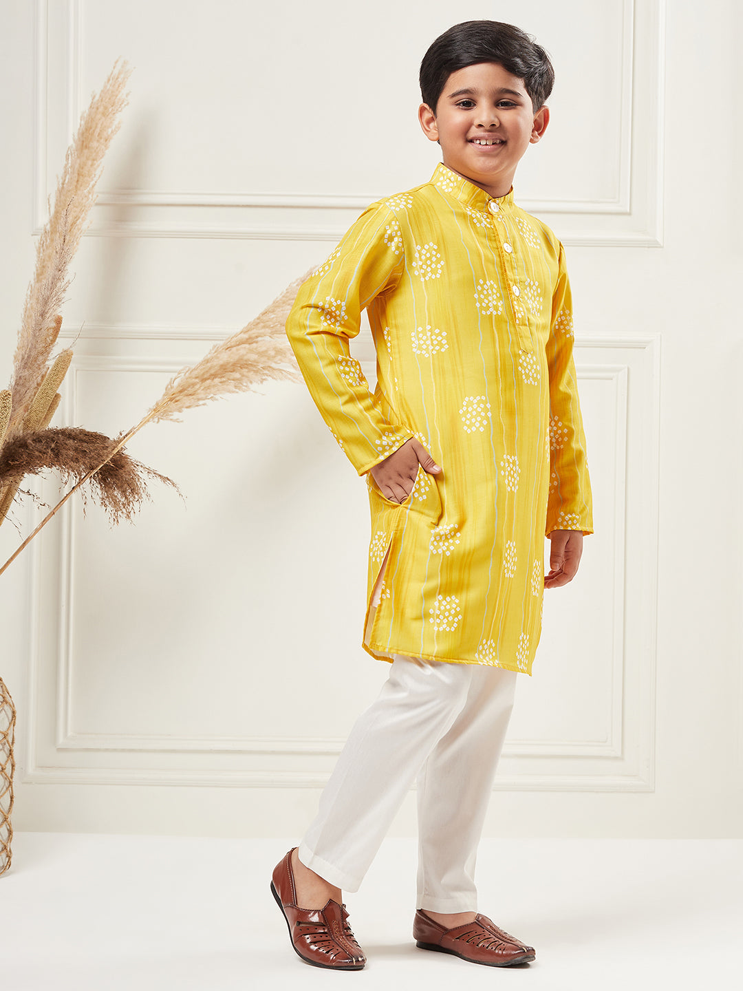 Boys Yellow Printed Polyester Kurta Set