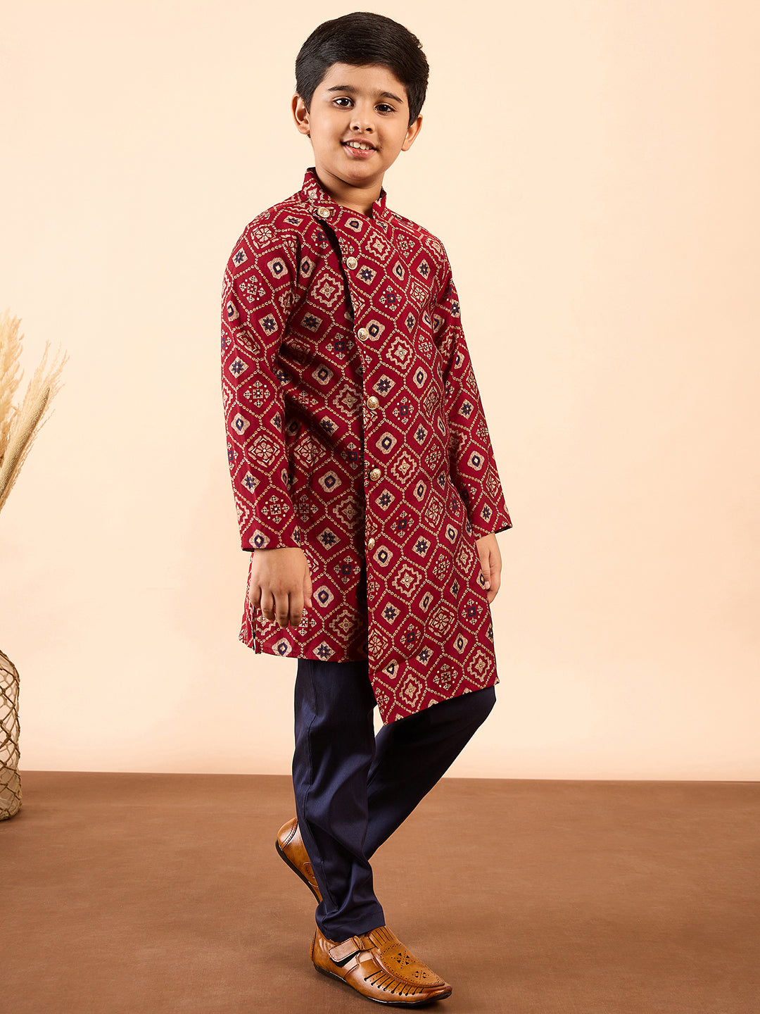 Boys Ankle Length Printed Kurta Set - Red