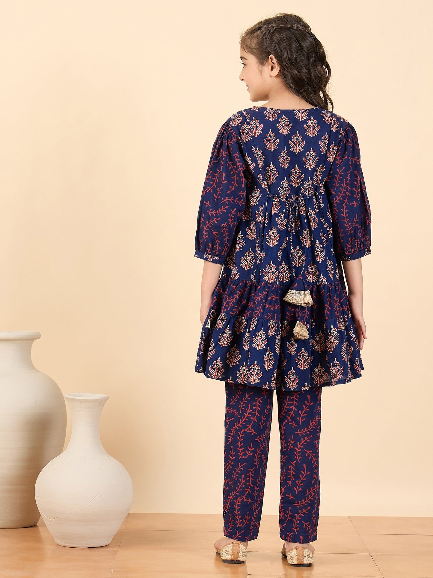 Girls Above Knee All over Print Kurti Set - Blue