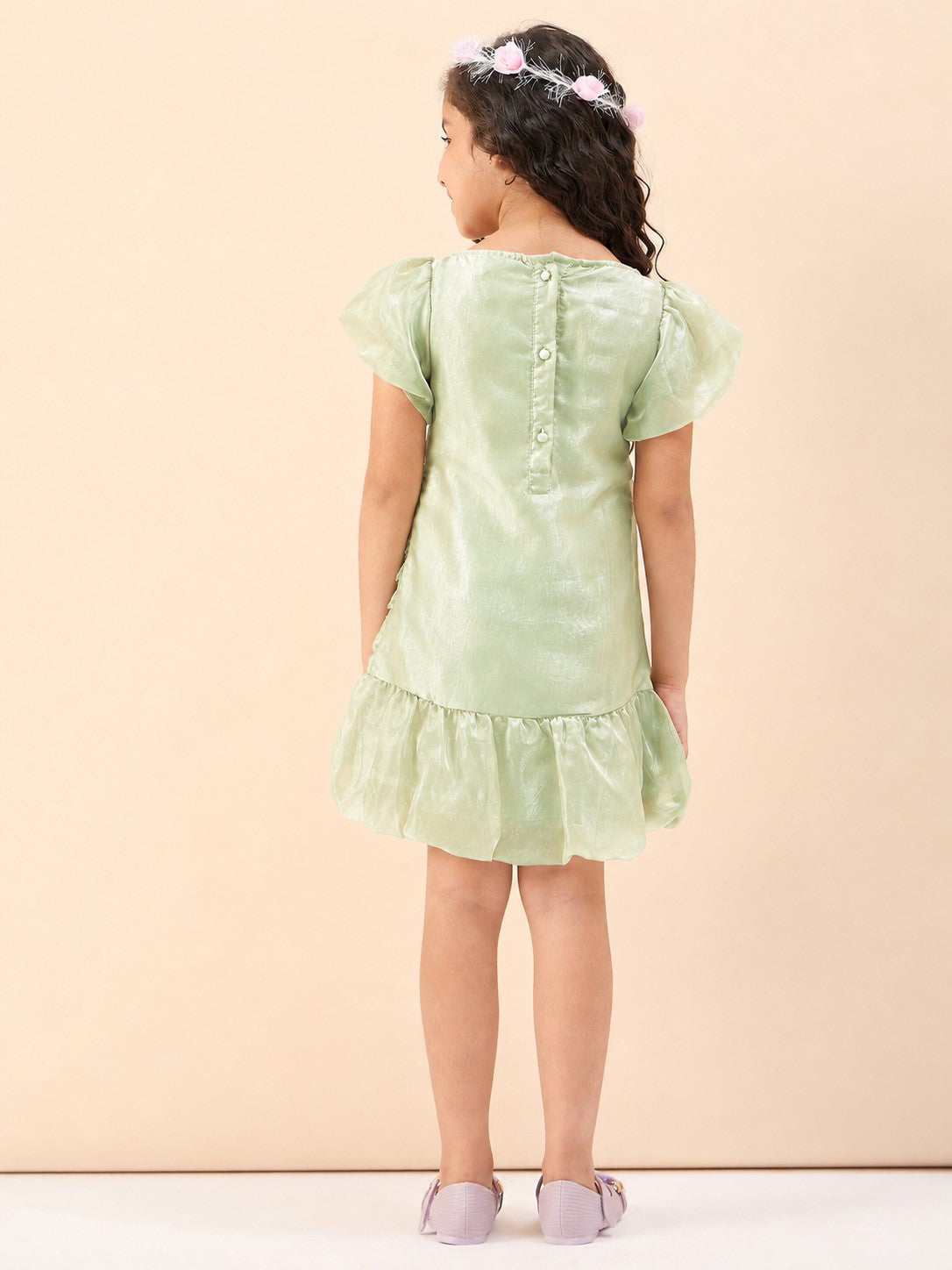 Girls Knee Length Solid Dress - Green