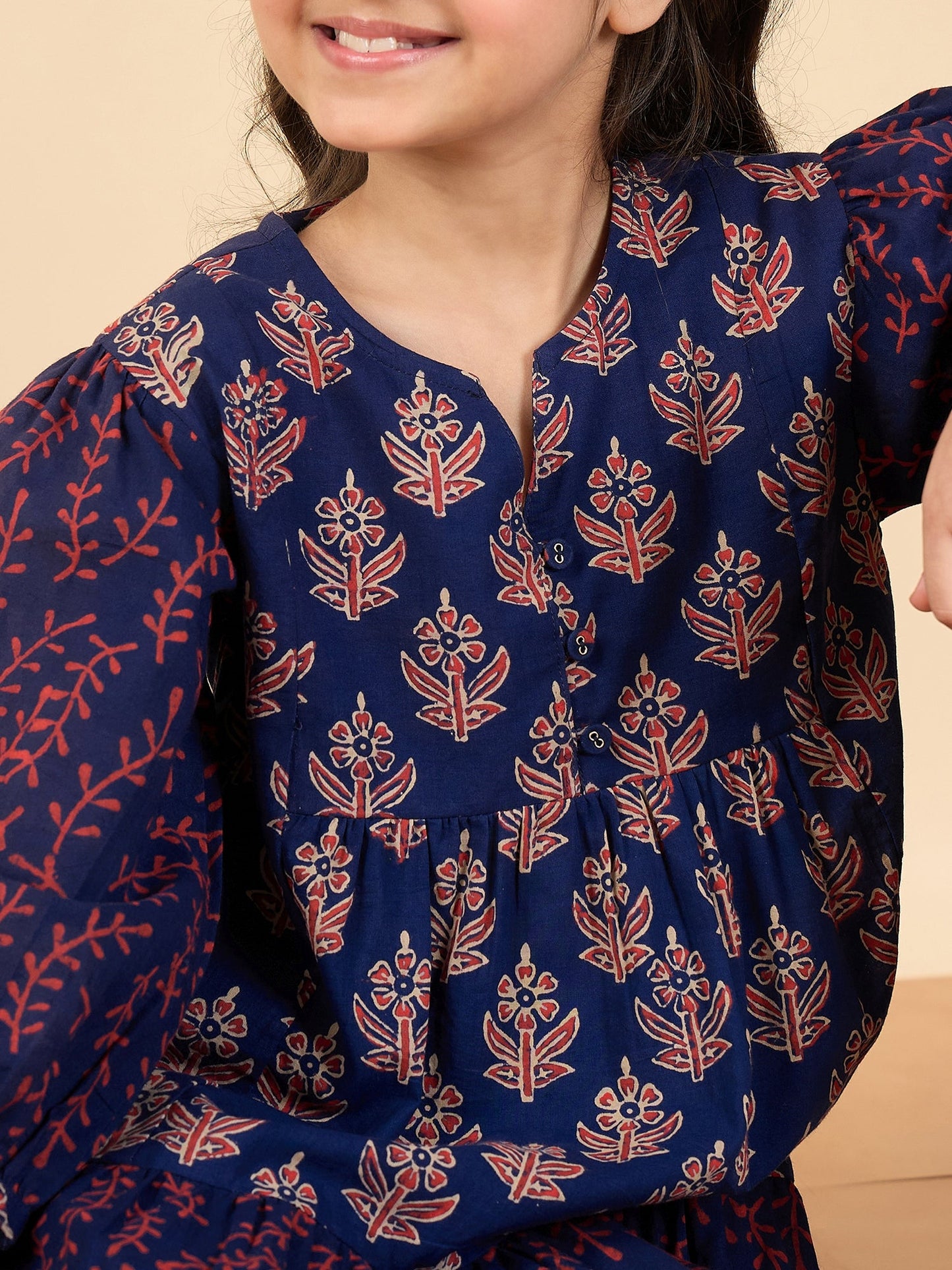 Girls Above Knee All over Print Kurti Set - Blue
