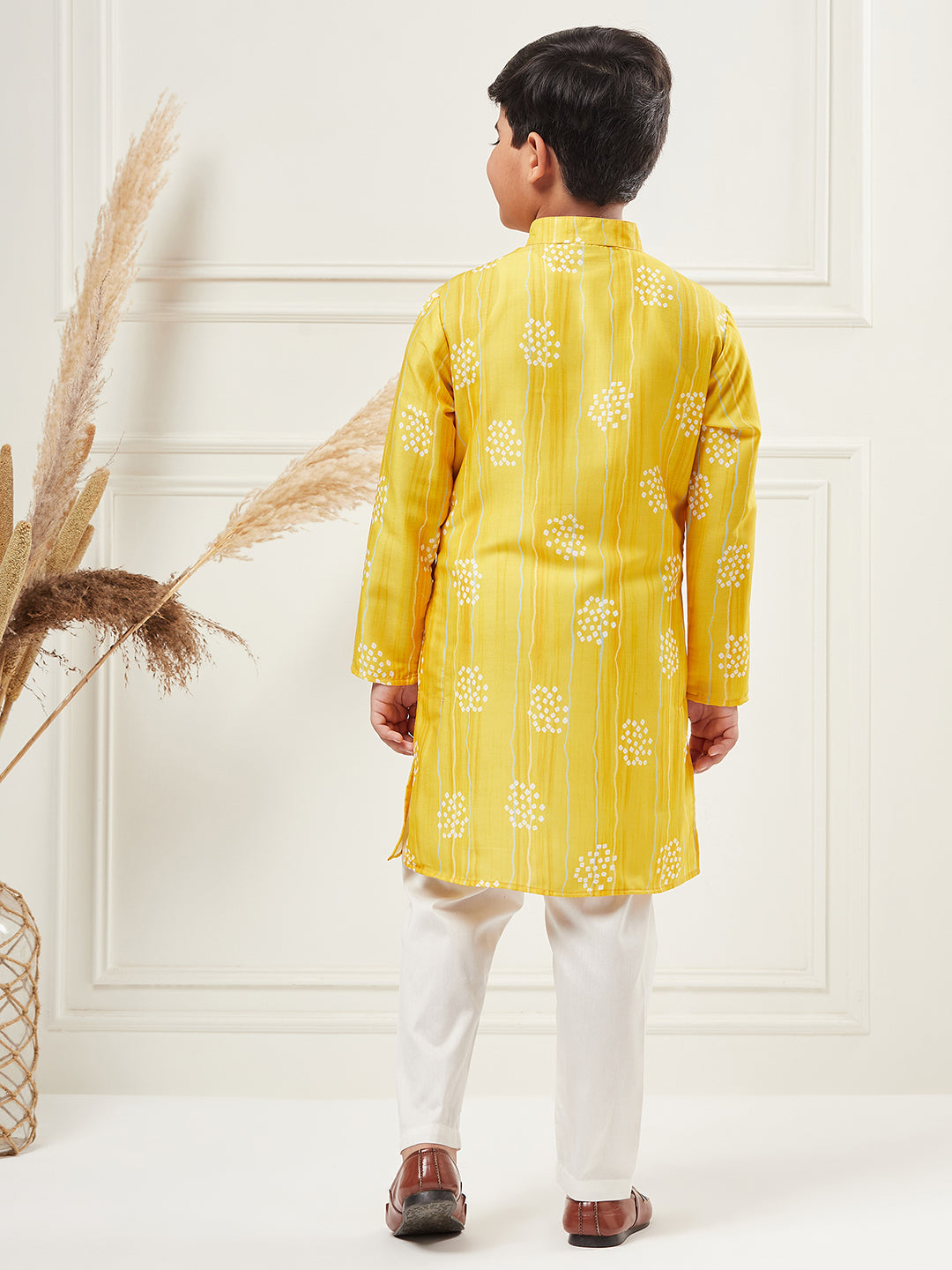 Boys Yellow Printed Polyester Kurta Set