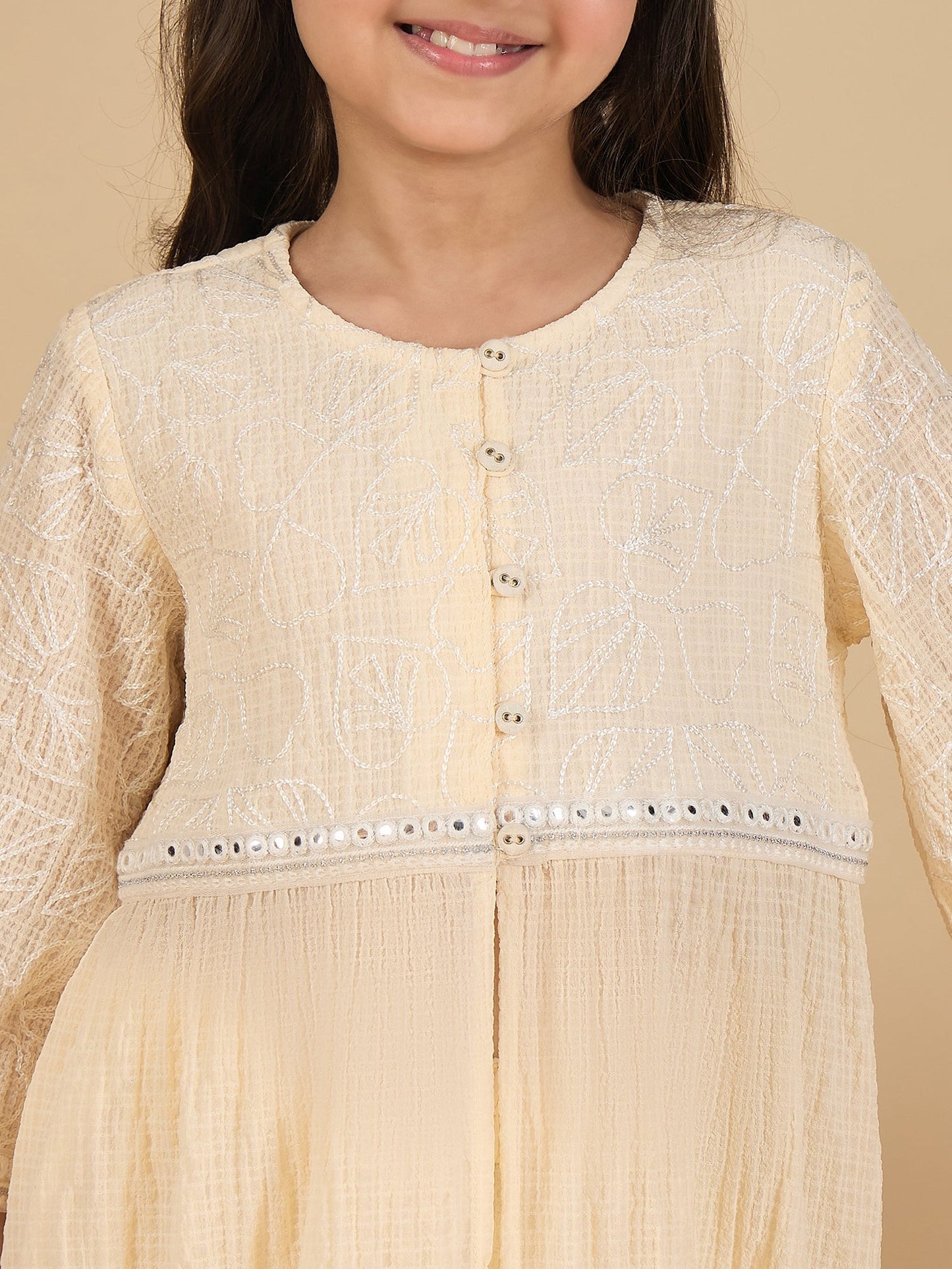 Girls Below Knee Embroidery Kurti Set - Cream