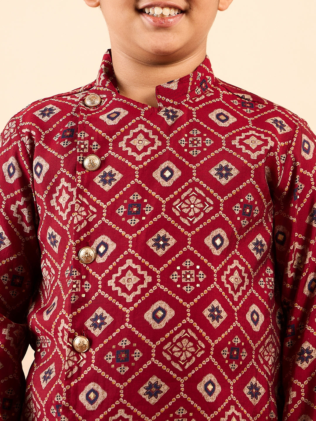 Boys Ankle Length Printed Kurta Set - Red