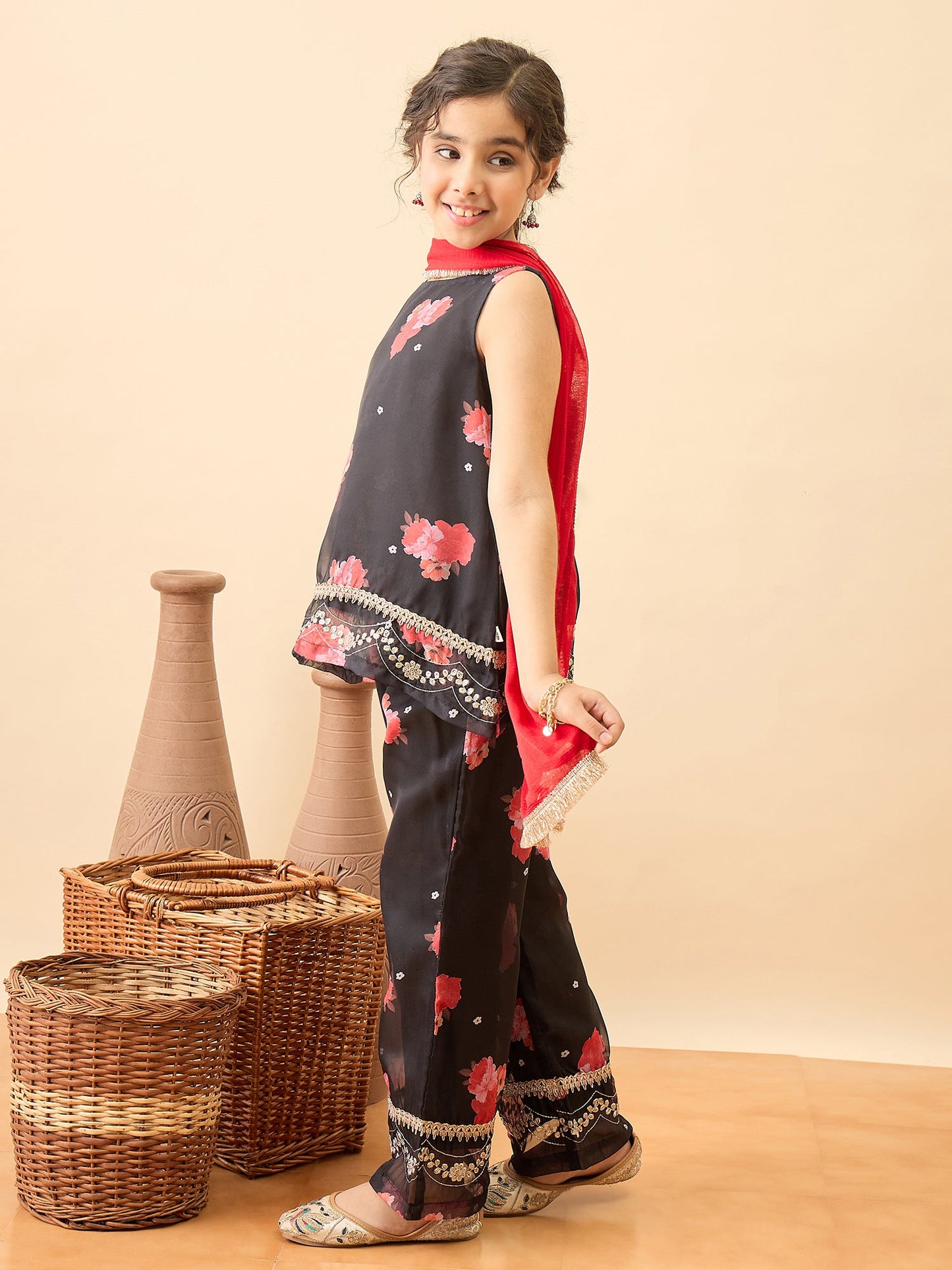 Girls Hip Length Embroidery Kurti Set - Black