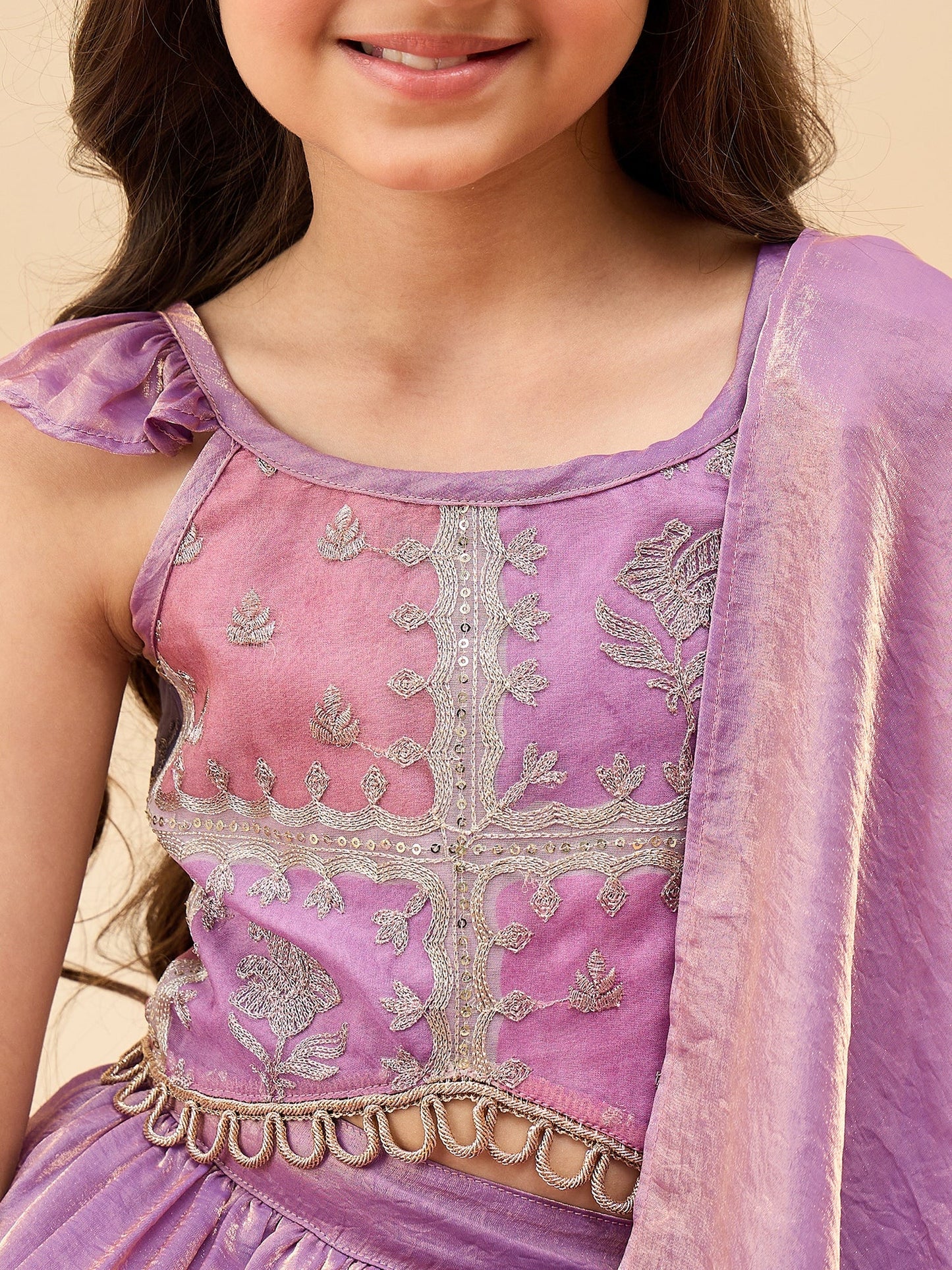 Girls Waist Length Embroidery Lehenga Choli - Purple