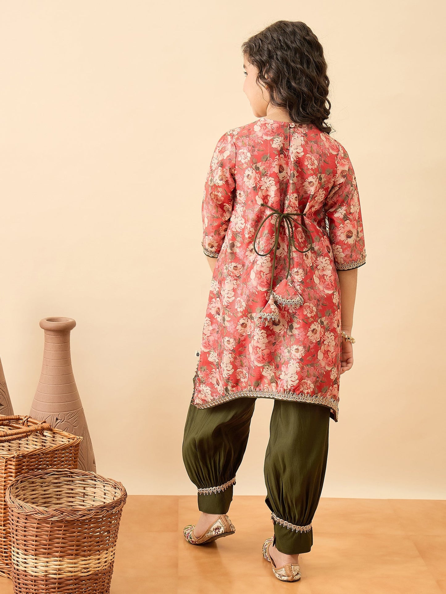 Girls Above Knee Printed Kurti Set - Red