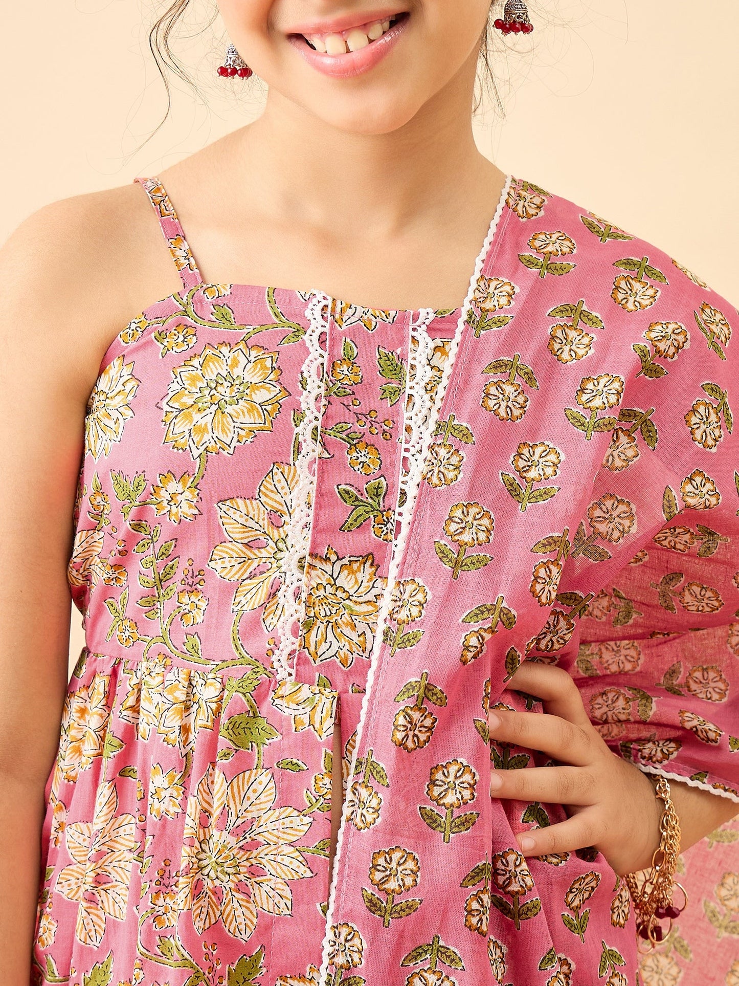 Girls Above Knee Printed Kurti Set - Pink