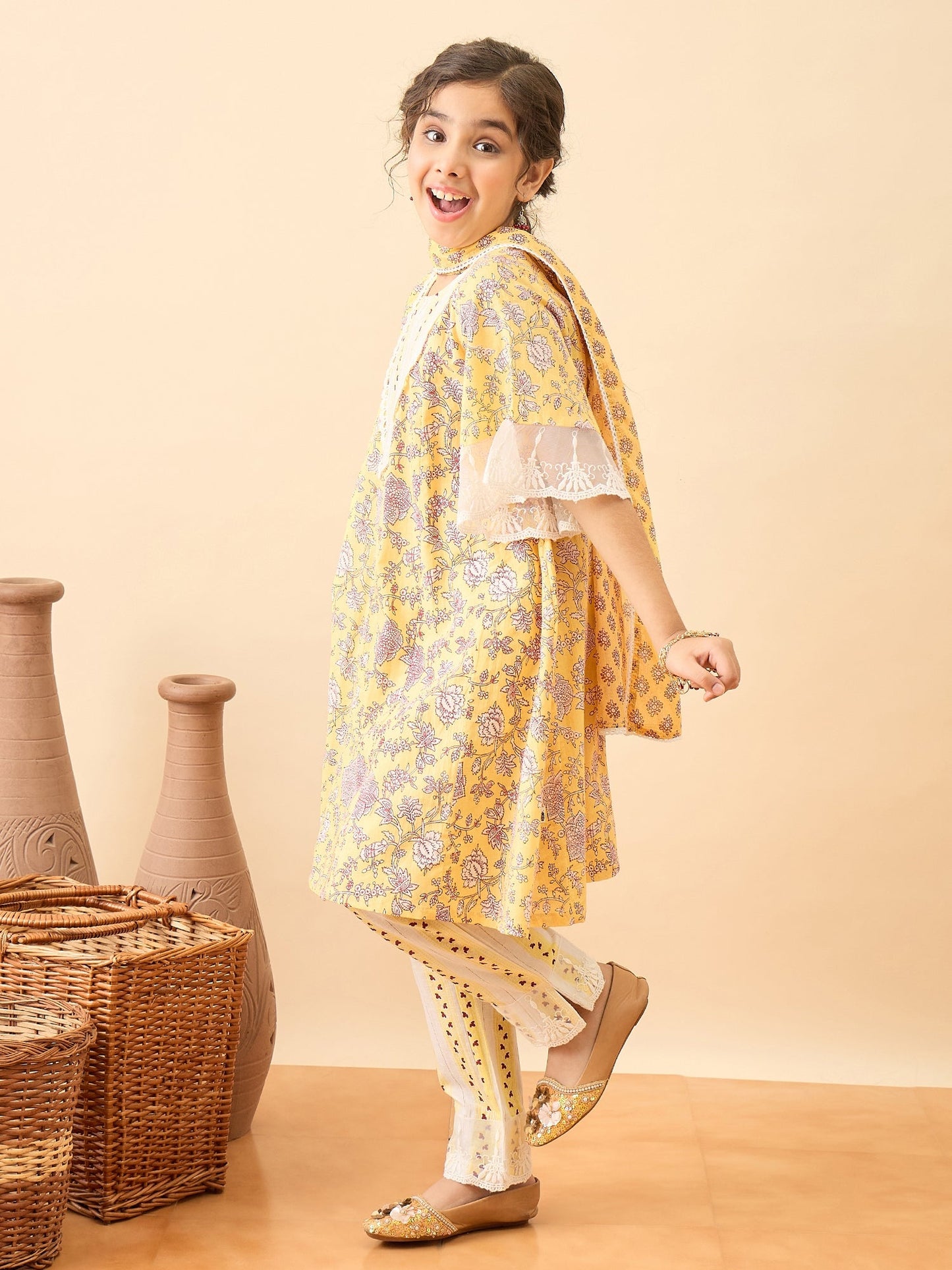 Girls Above Knee Printed Kurti Set - Yellow