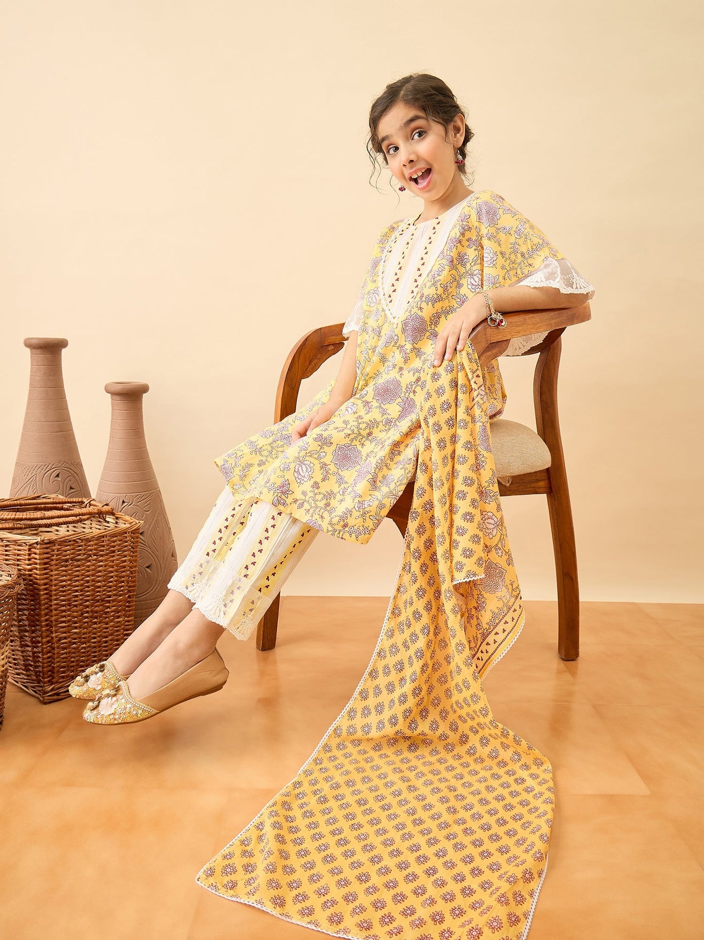 Girls Above Knee Printed Kurti Set - Yellow