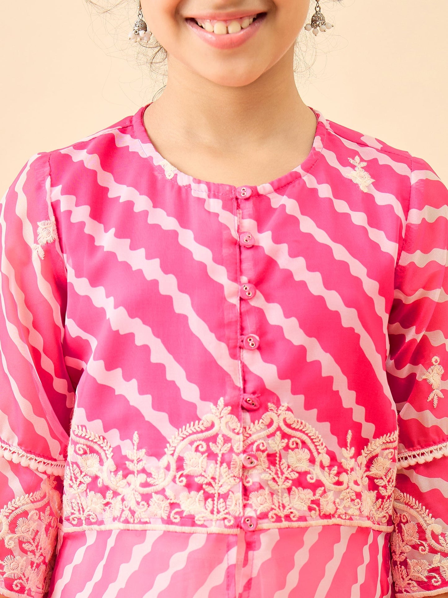 Girls Calf Length Embroidery Kurti Set - Magenta
