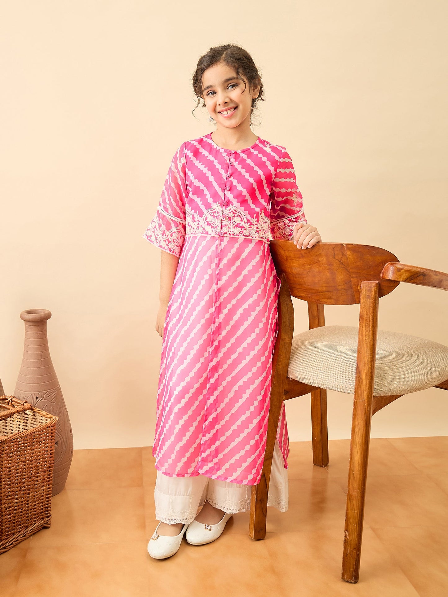 Girls Calf Length Embroidery Kurti Set - Magenta