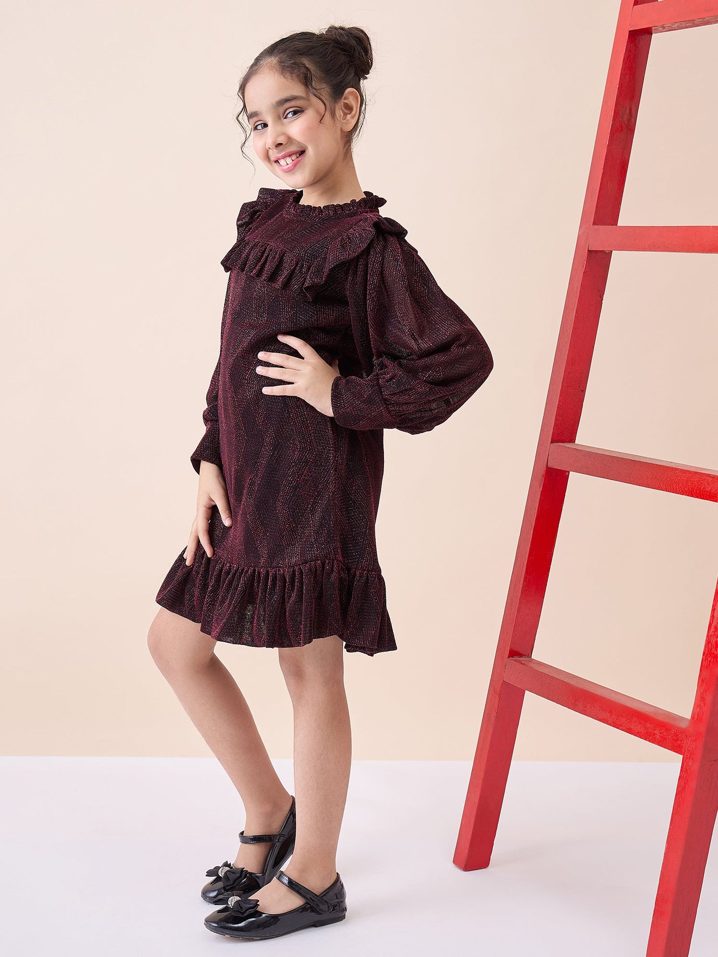 Girls Knee Length Solid Dress - Maroon