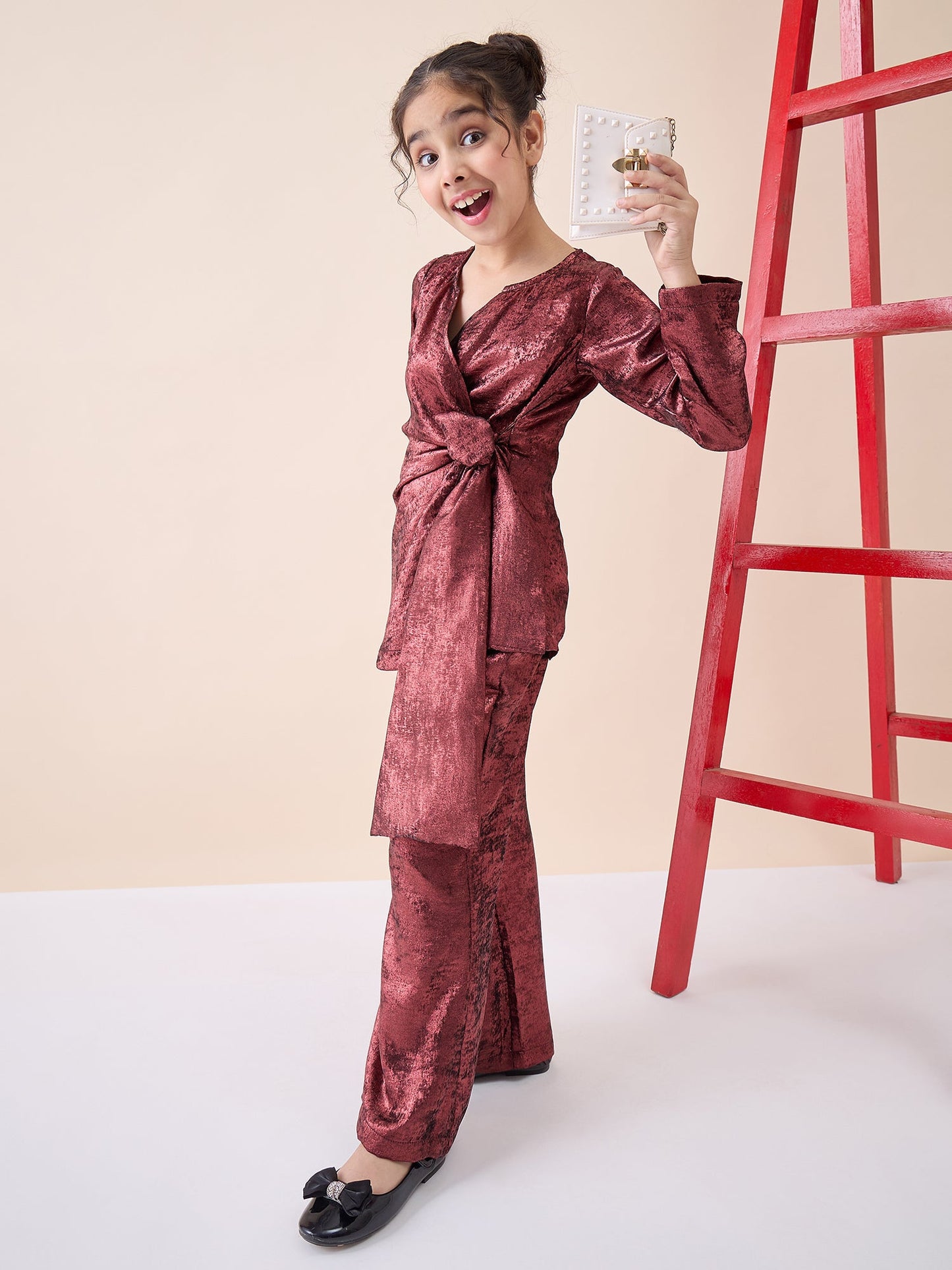 Girls Ankle Length Solid Top With Pants - Maroon