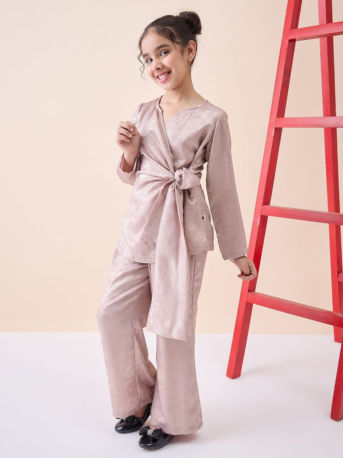 Girls Ankle Length Solid Top With Pants - Pink