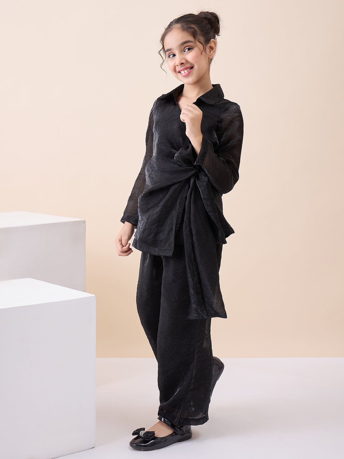 Girls Hip Length Solid Top With Pants - Black