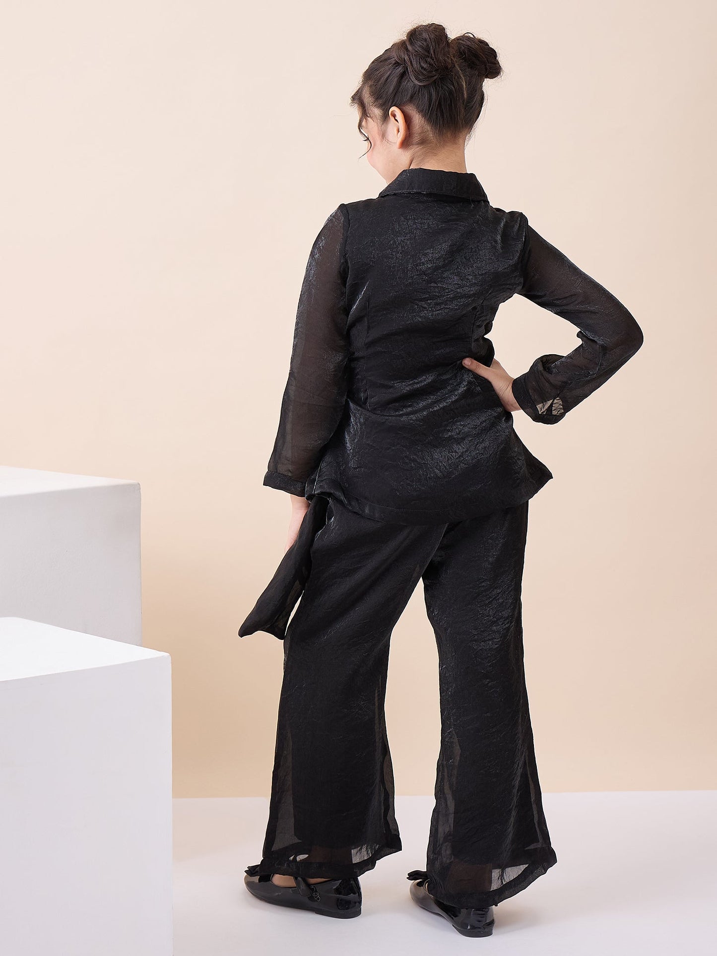 Girls Hip Length Solid Top With Pants - Black