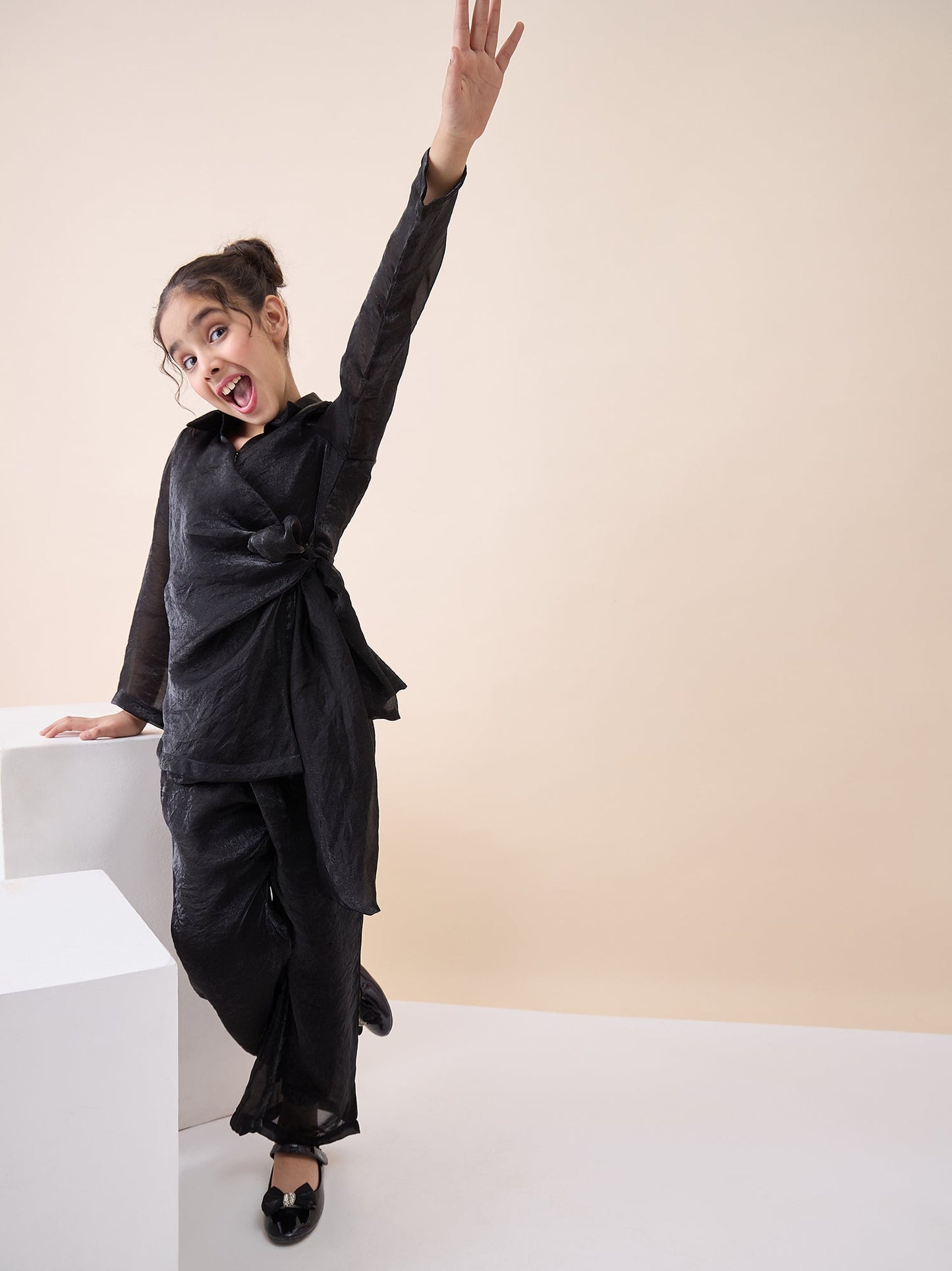 Girls Hip Length Solid Top With Pants - Black