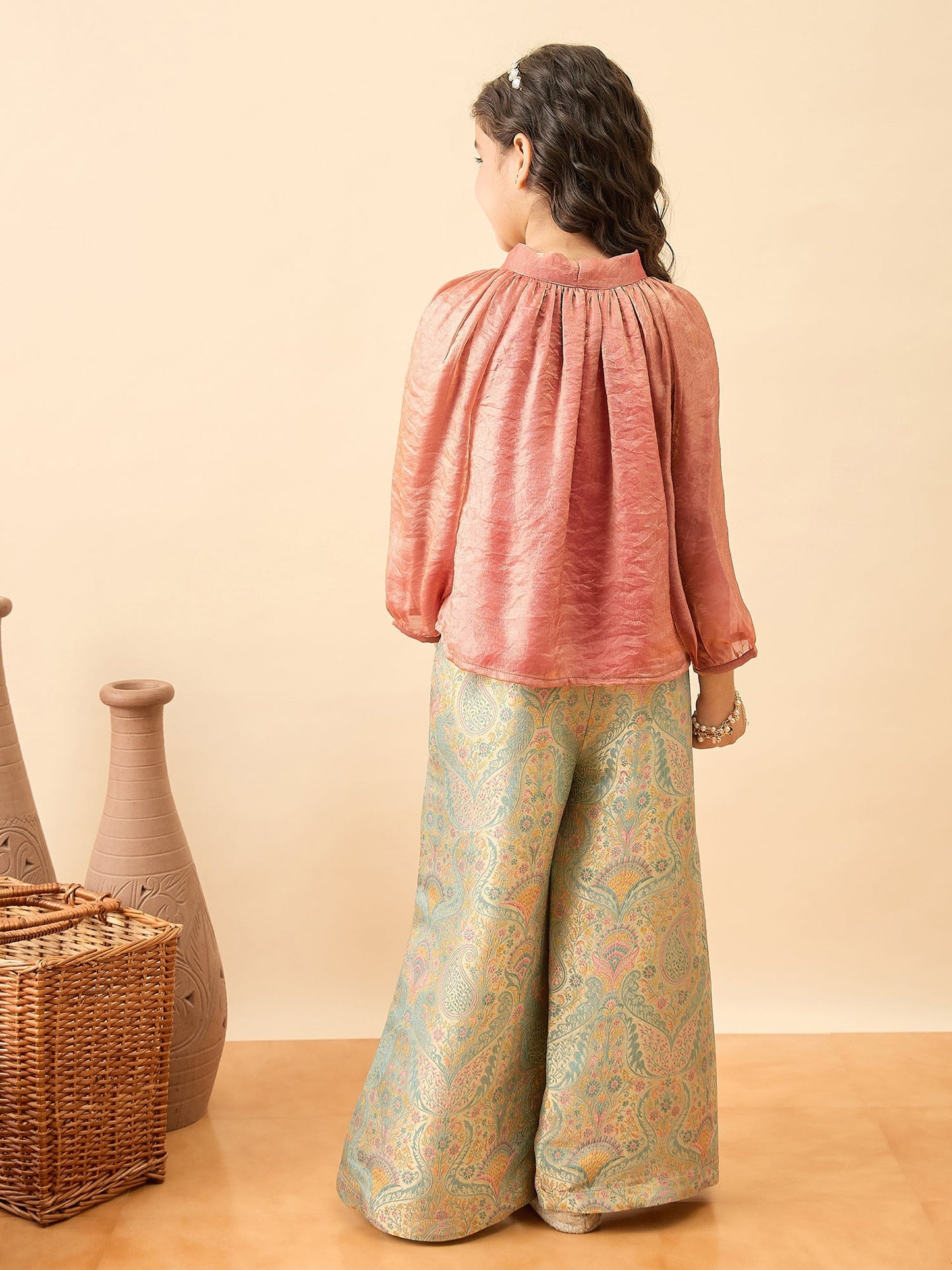Girls Embroidery Top With Pants - Peach