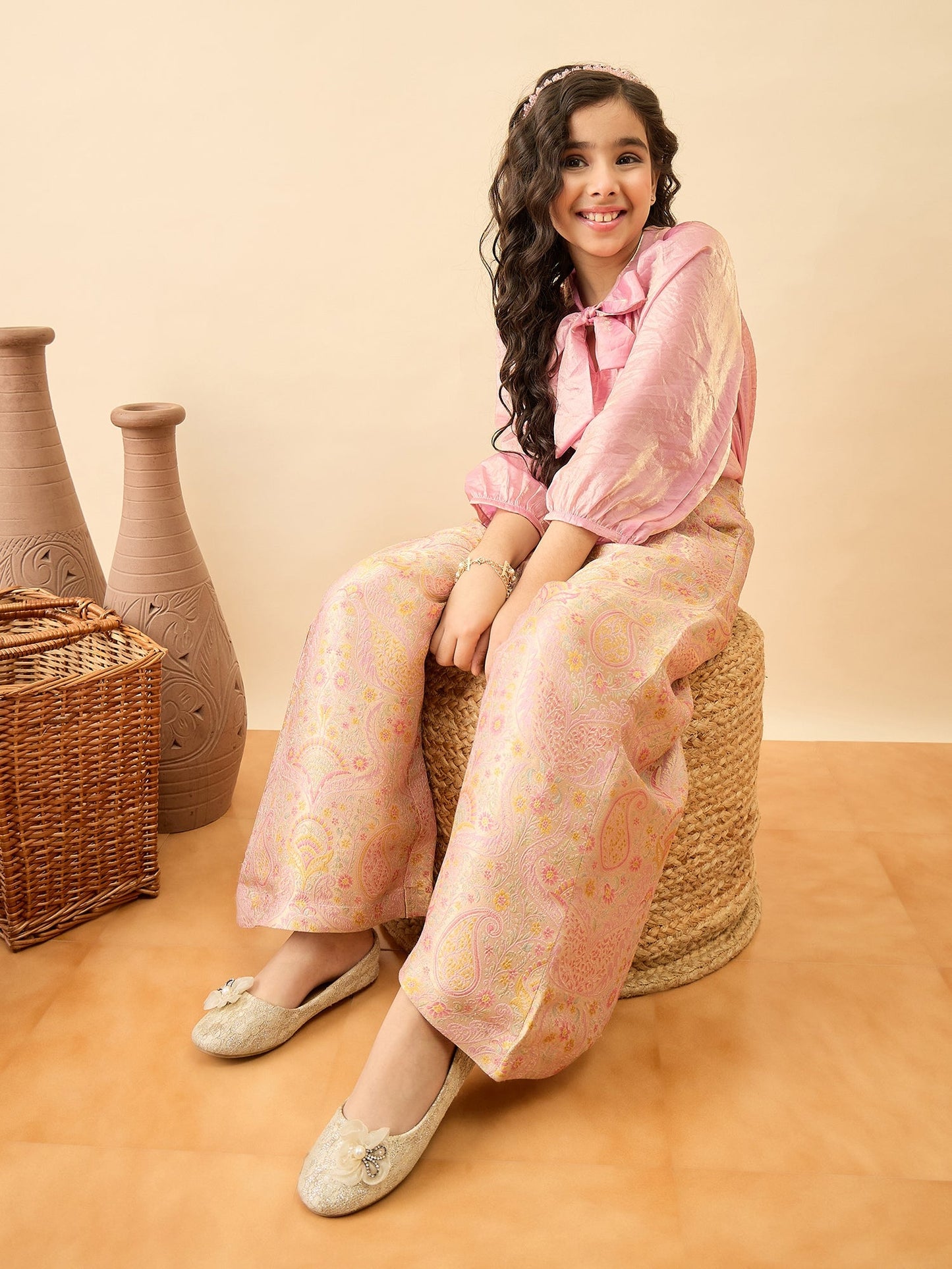 Girls Embroidery Top With Pants - Pink