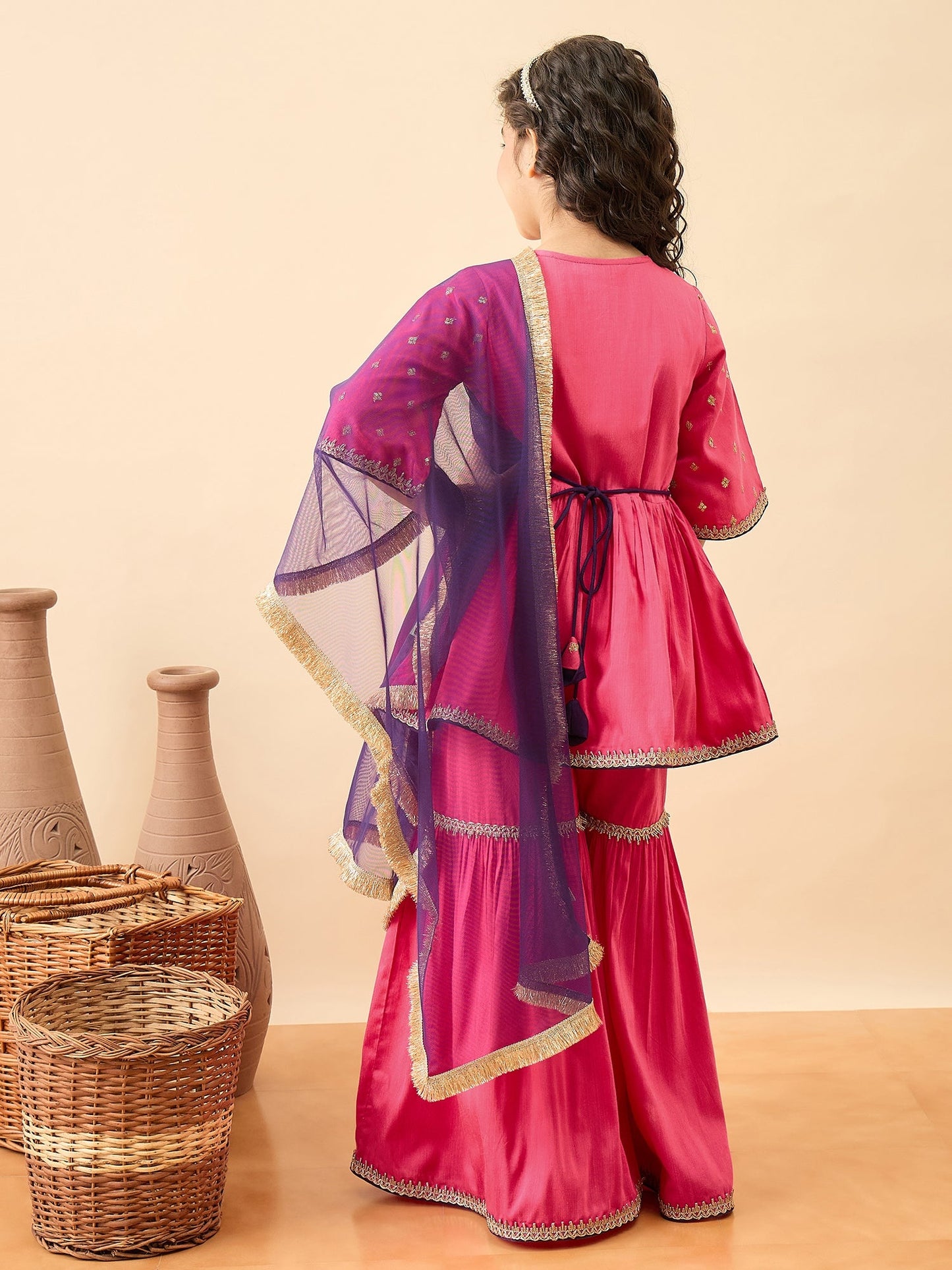 Girls Embroidery Kurti Set - Magenta