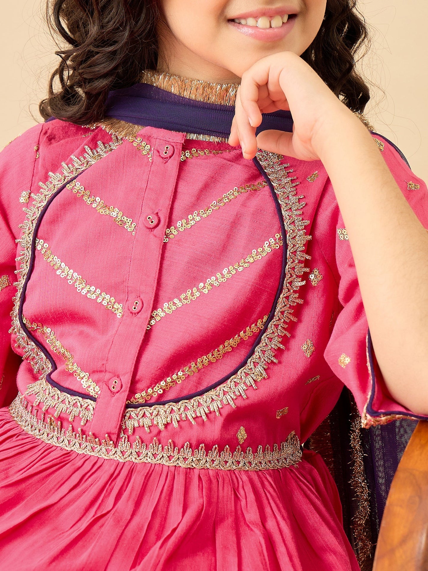 Girls Embroidery Kurti Set - Magenta