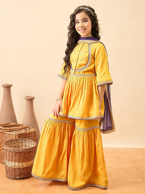 Girls Mid Thigh Embroidery Kurti Set - Yellow
