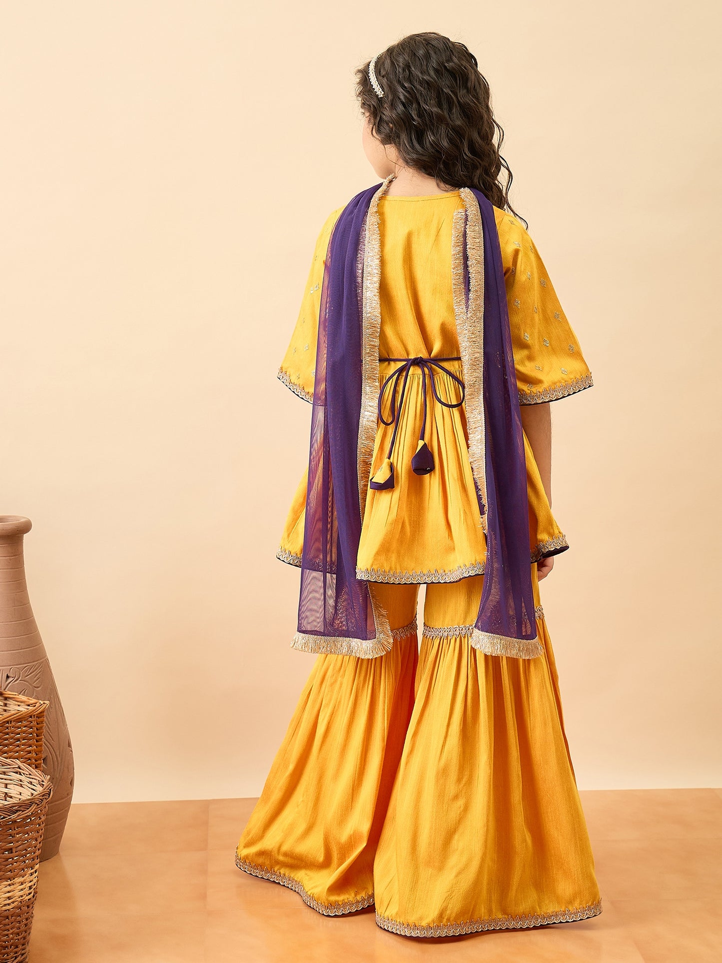 Girls Mid Thigh Embroidery Kurti Set - Yellow