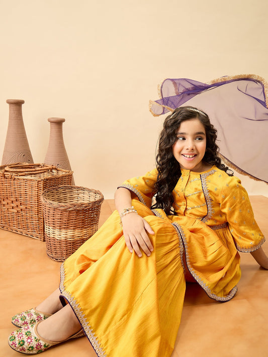 Girls Mid Thigh Embroidery Kurti Set - Yellow