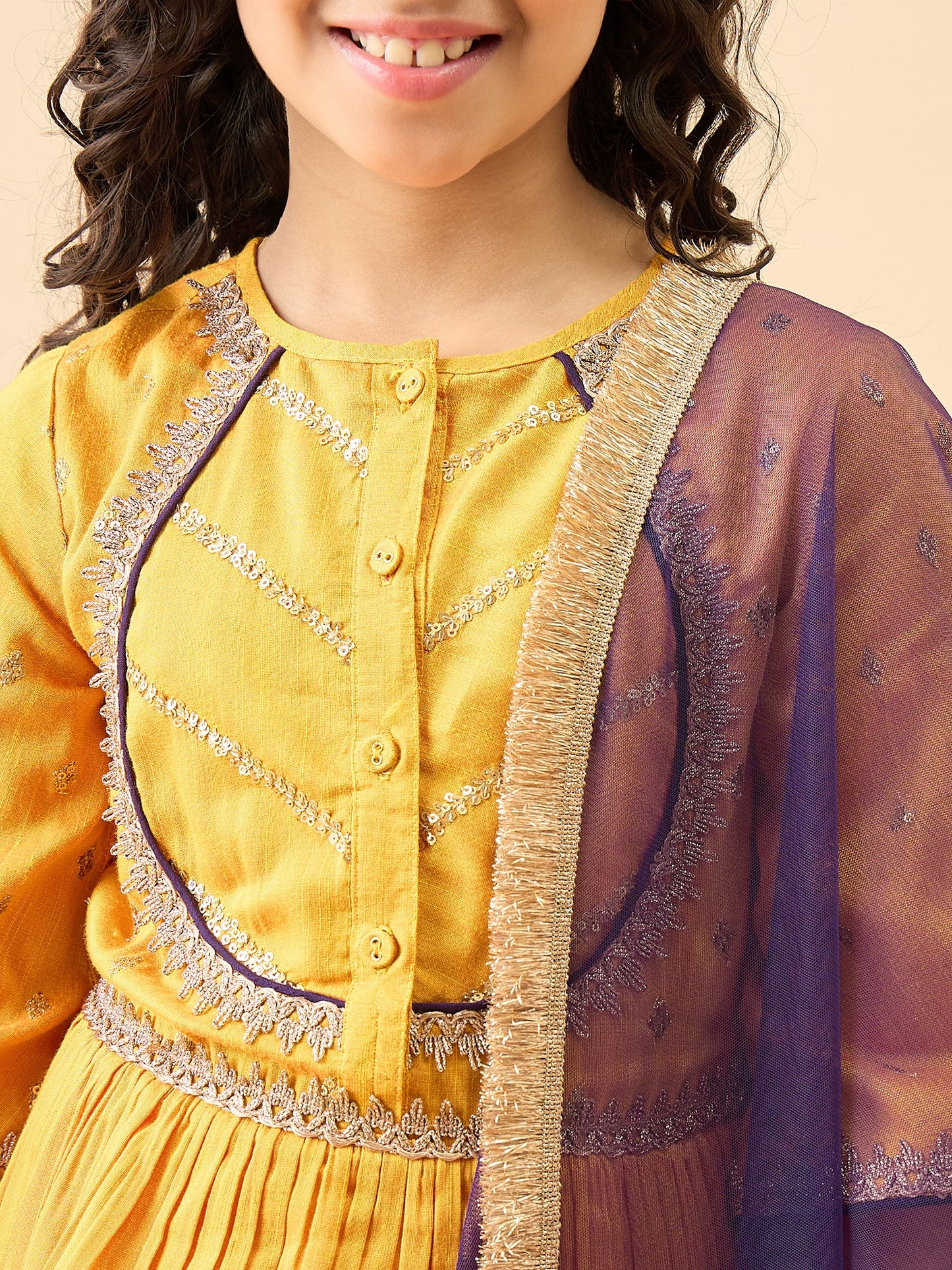 Girls Mid Thigh Embroidery Kurti Set - Yellow
